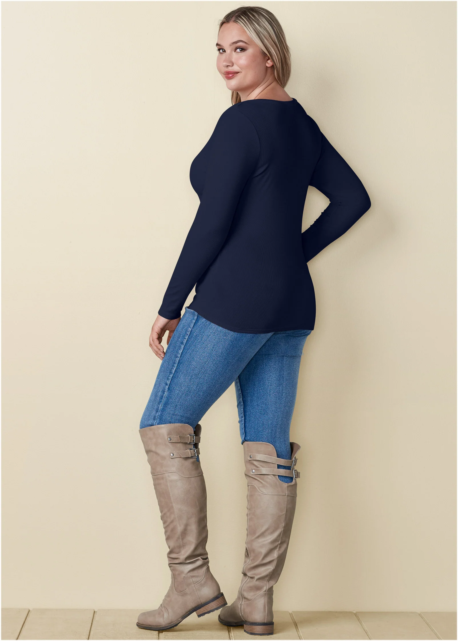 Ribbed V-neck top - Navy