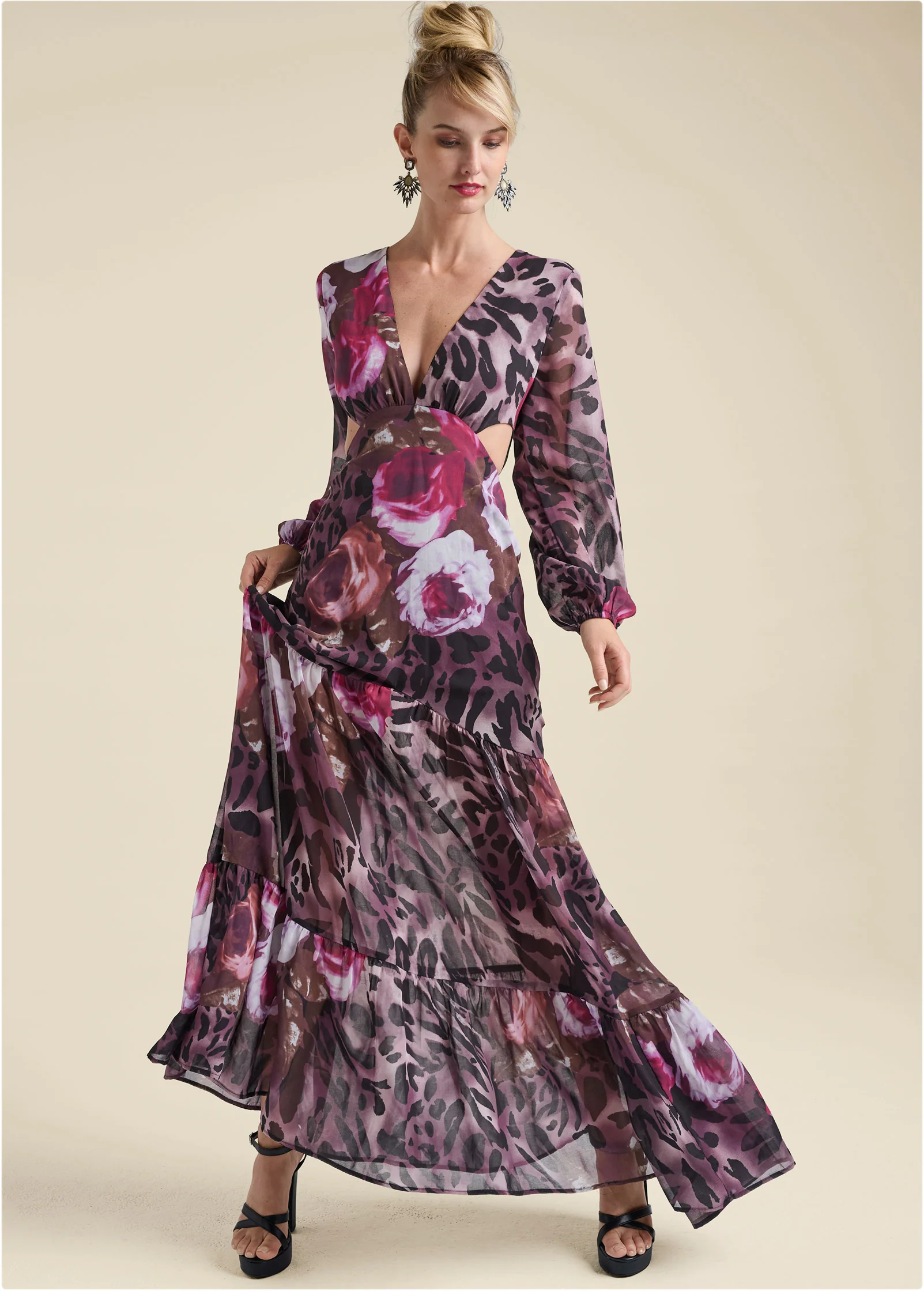 Cutout detail printed gown - Black Multi