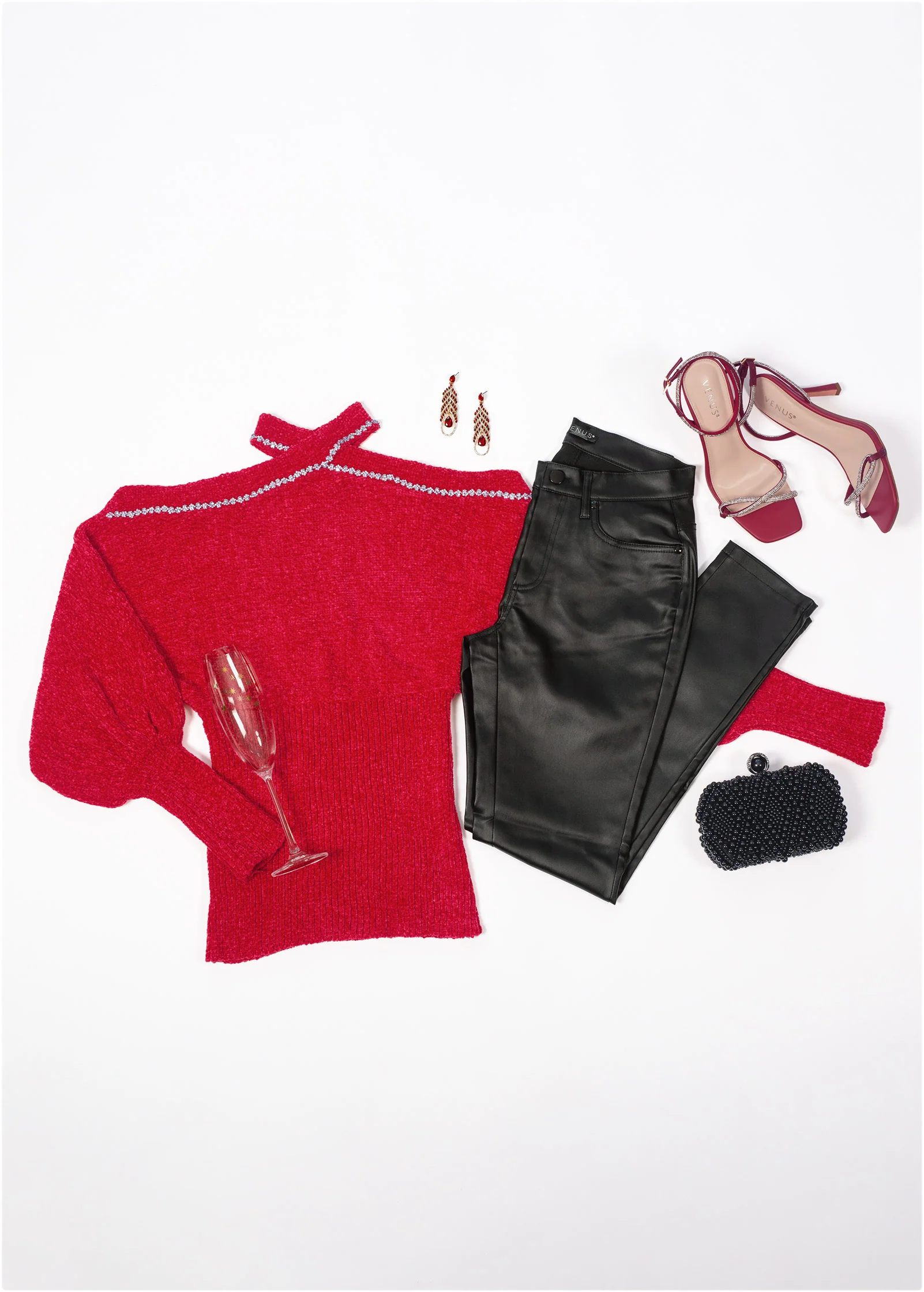 Jeweled Chenille cold shoulder sweater - Red