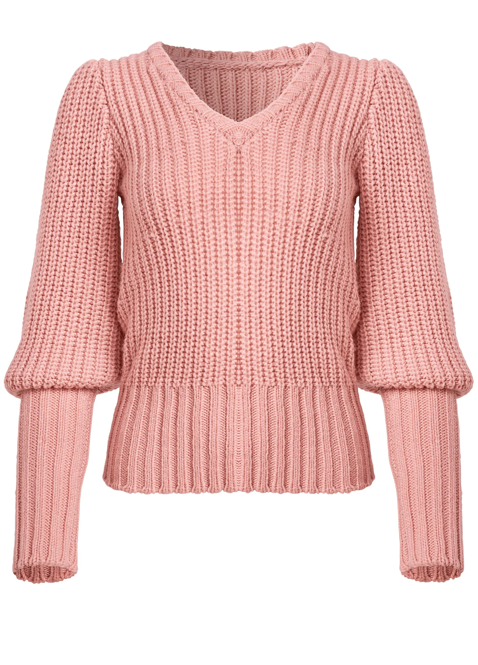 Puff sleeve ribbed v neck sweater - Dusty Pink