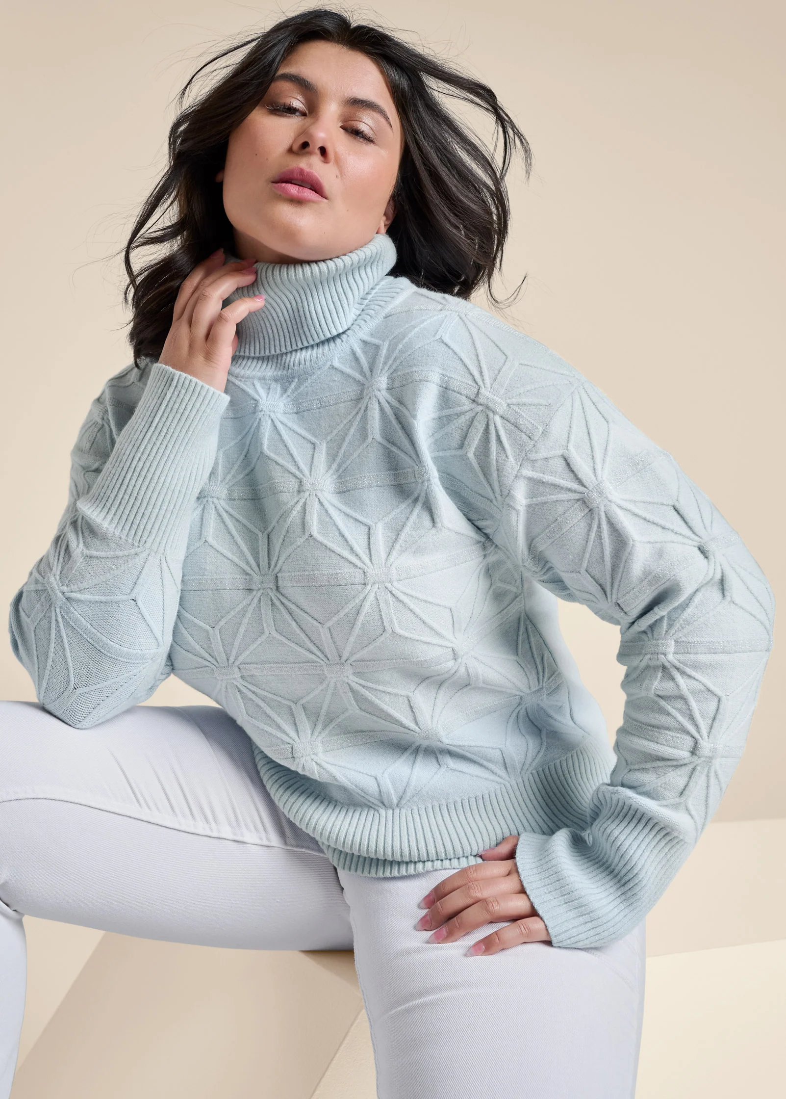 Diamond cable turtle neck sweater - Light Blue