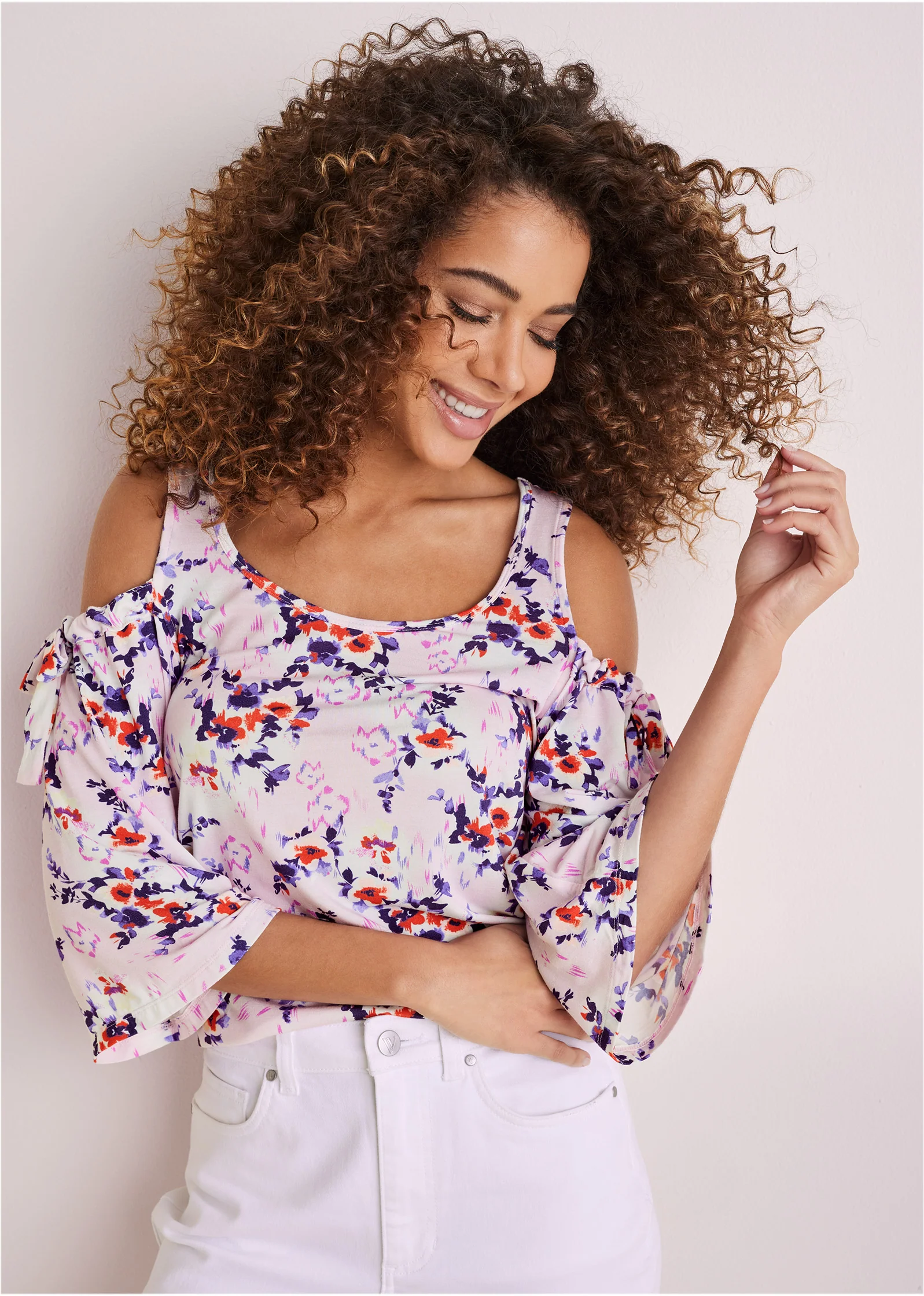 Printed cold-shoulder top - Pink & Purple