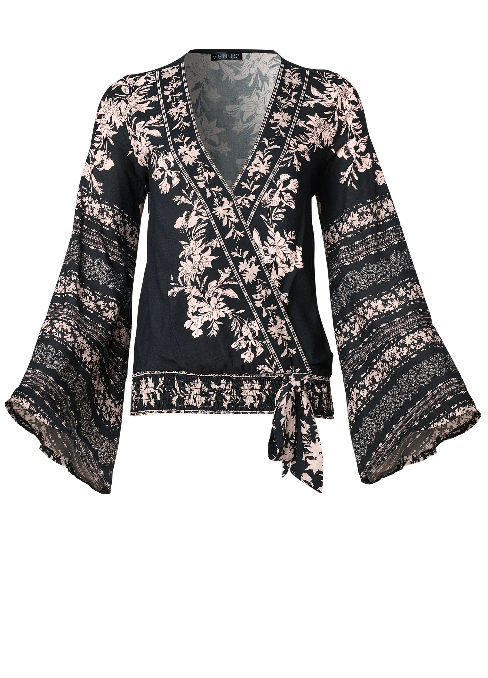 Bell sleeve print wrap top - Black Multi
