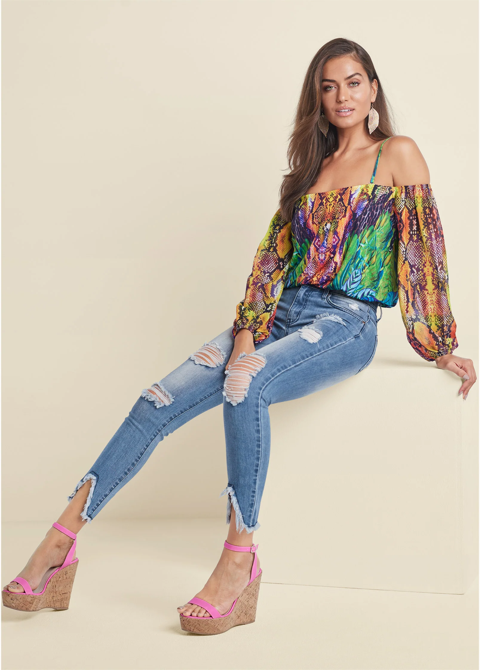 Printed cold-shoulder top - Teal Multi