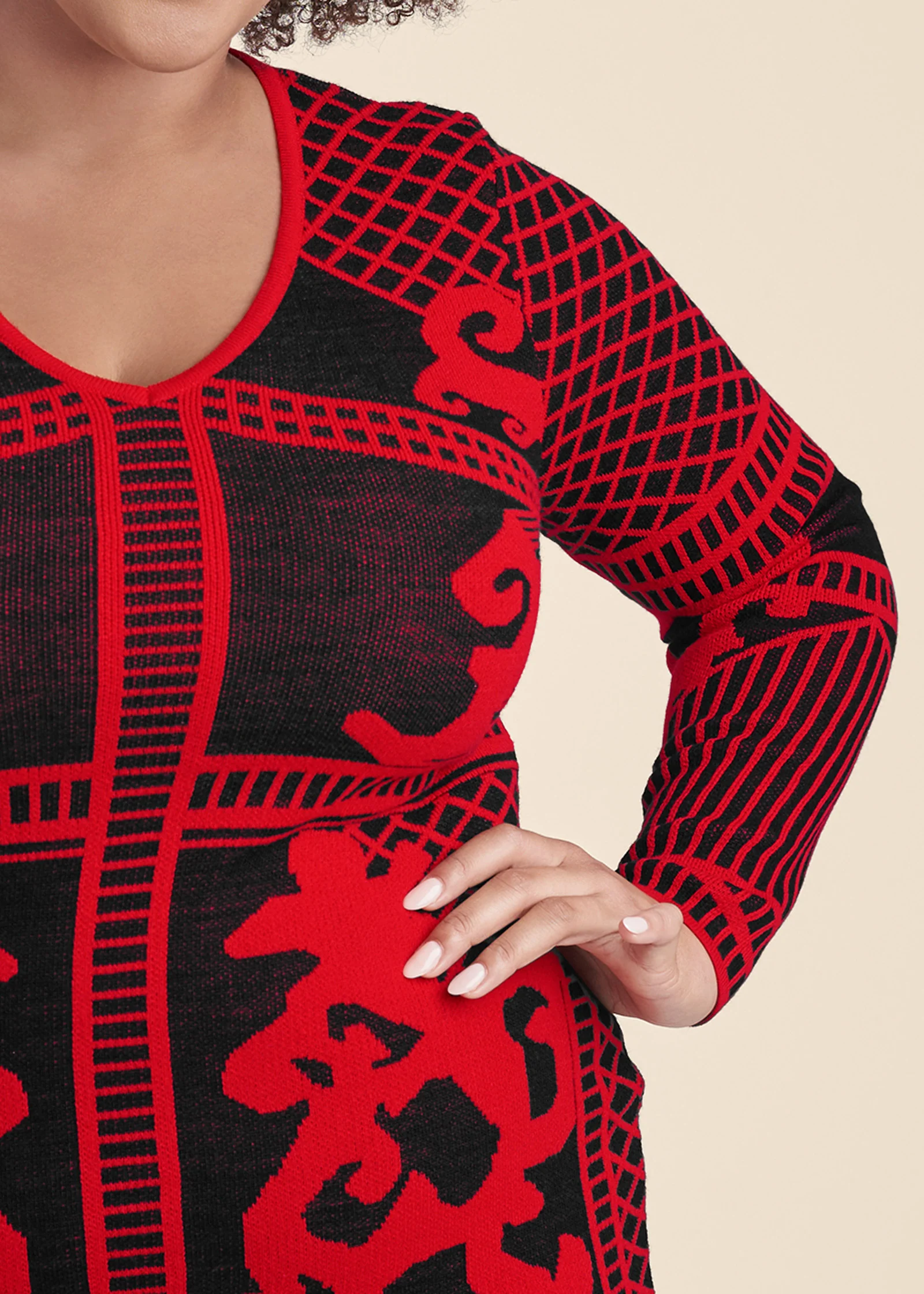 Printed sweater dress - Black & Red
