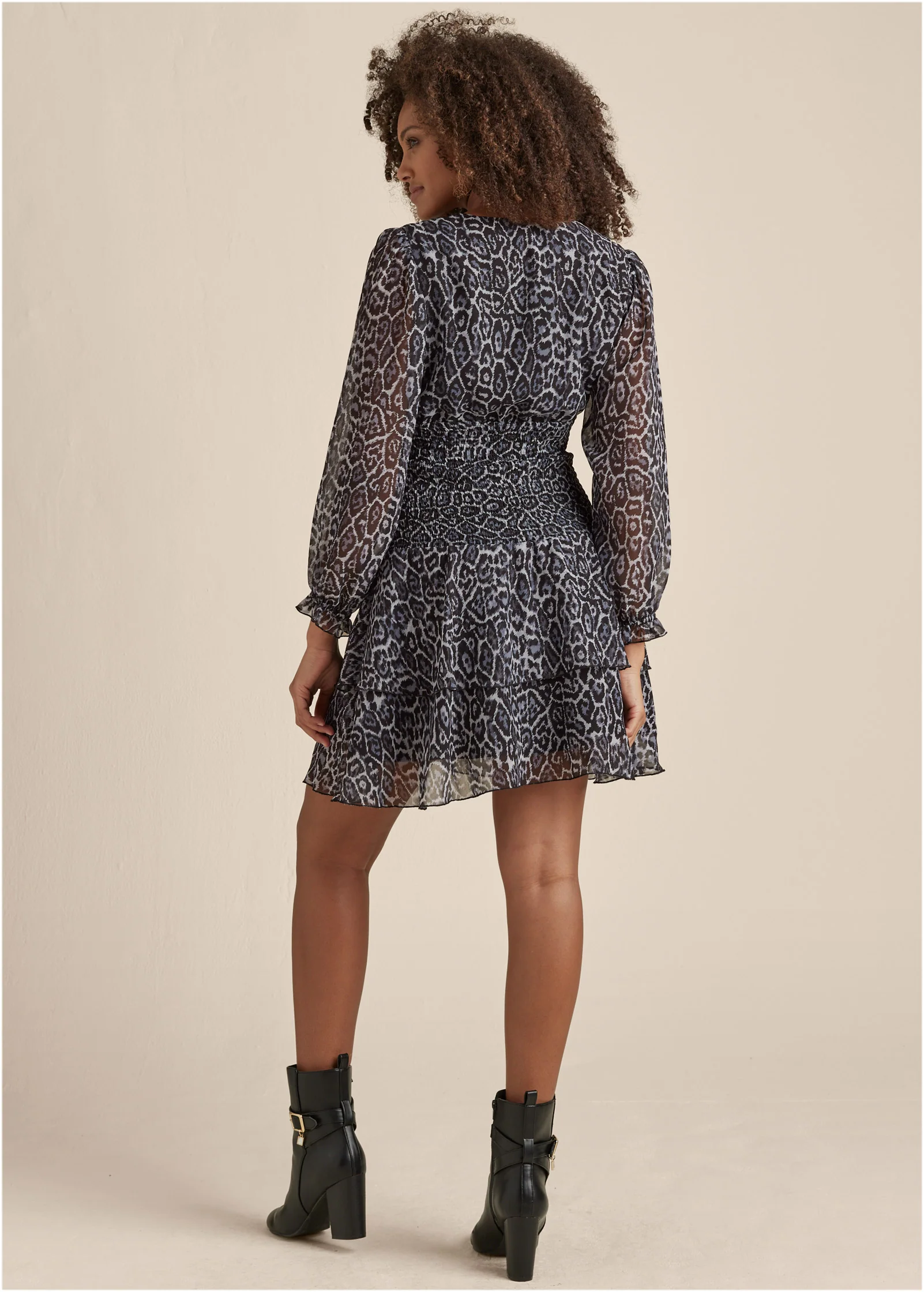 Smocked Waist Tiered Dress - Grey Multi