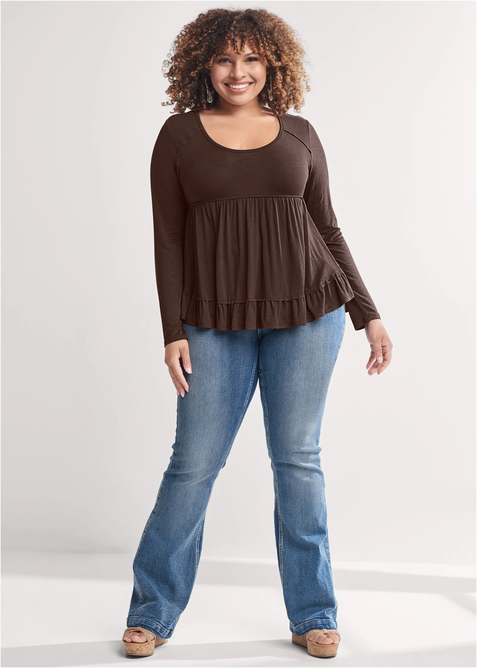 Long sleeve babydoll top - Dark Brown