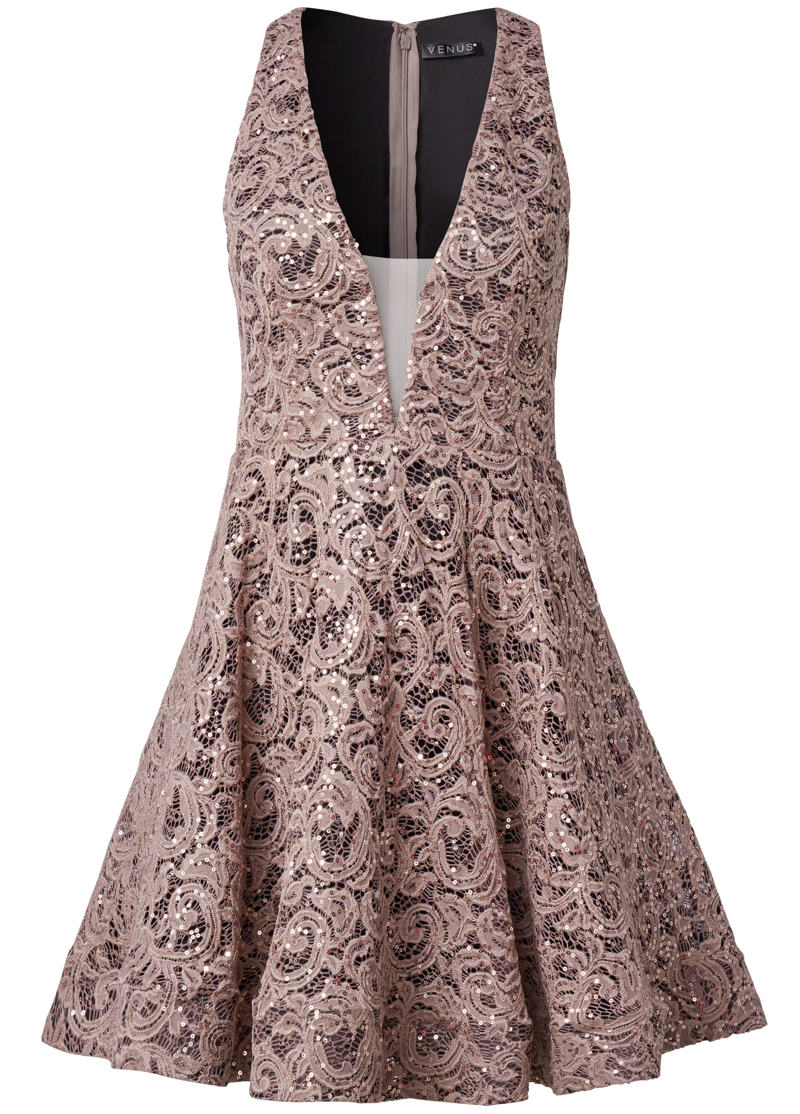 Sequin lace A-line dress - Black & Taupe