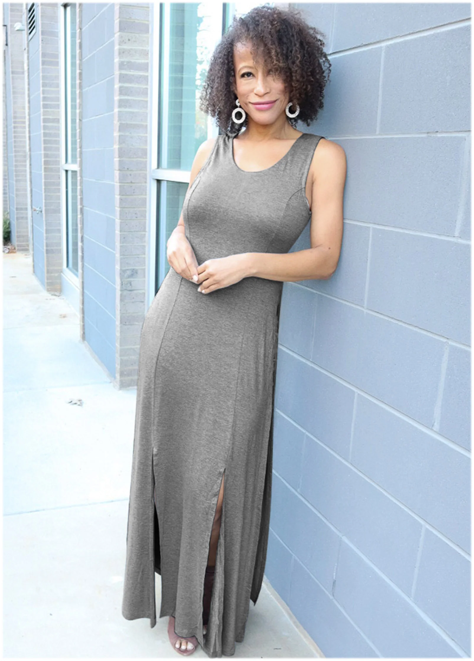 High slit casual maxi dress - Heather Grey
