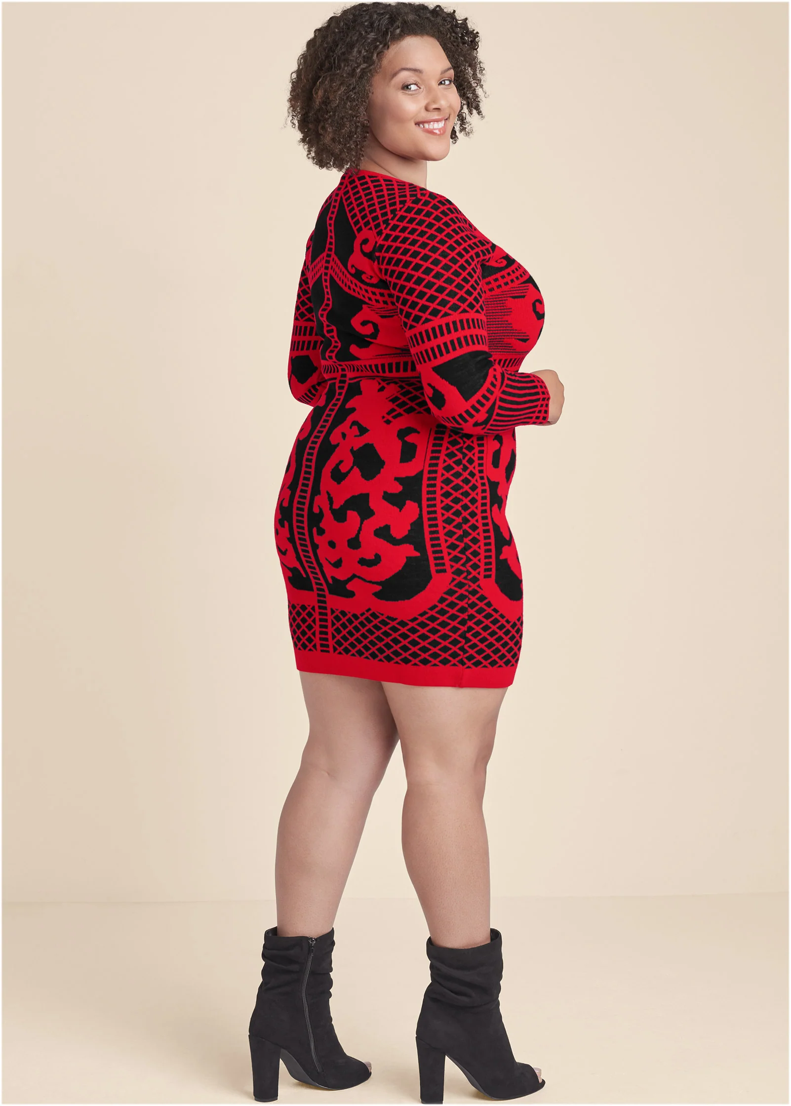 Printed sweater dress - Black & Red