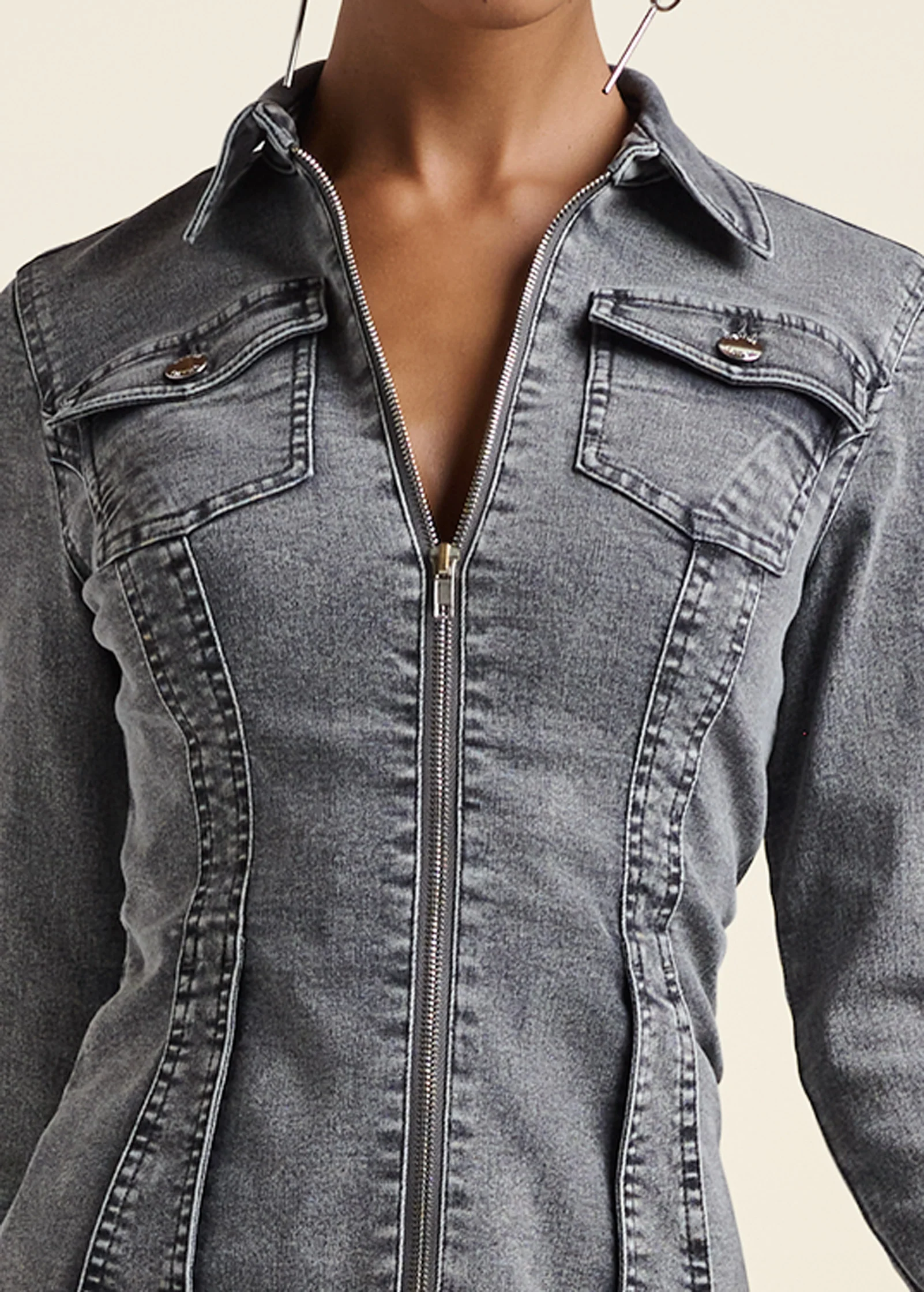 Lace-up back denim top - Grey Multi