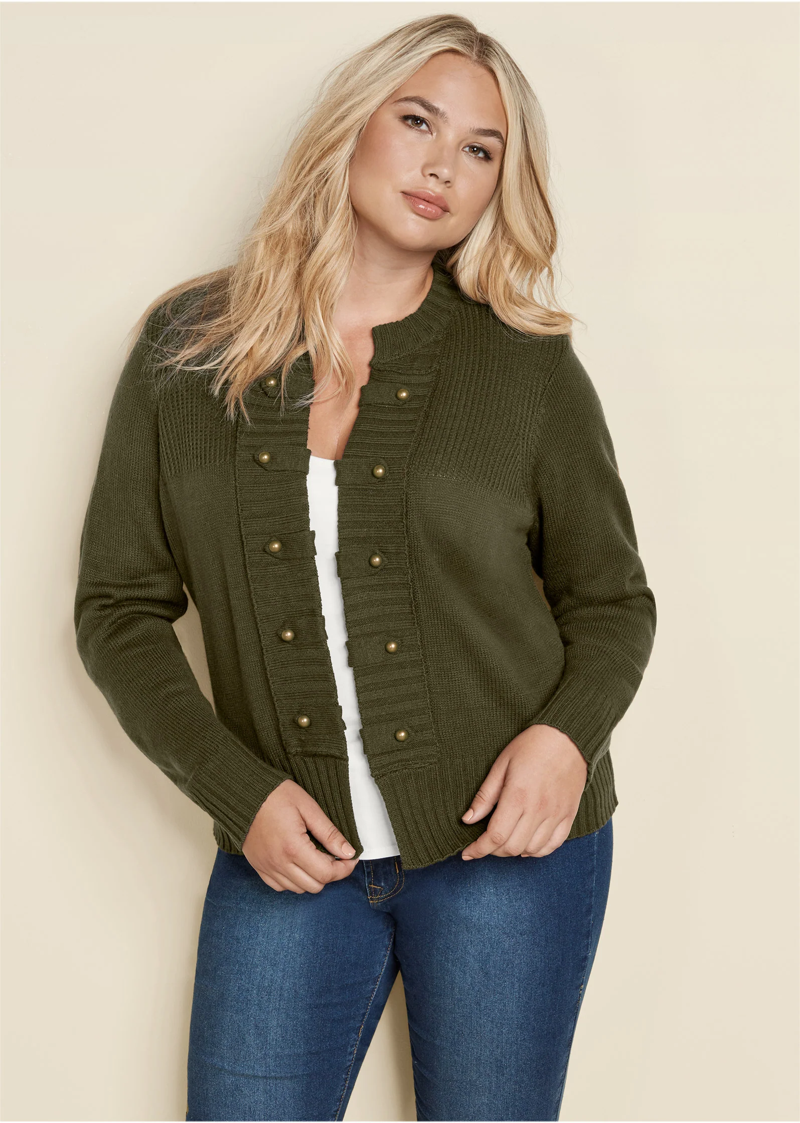 Tab button detail cardigan - Olive