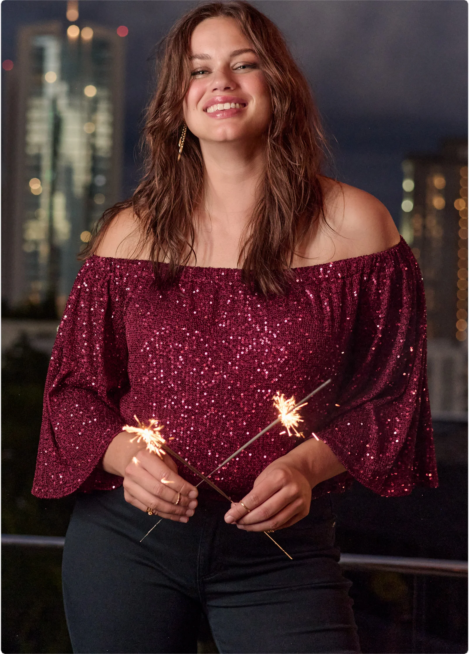 Off-the-shoulder sequin top - Wine