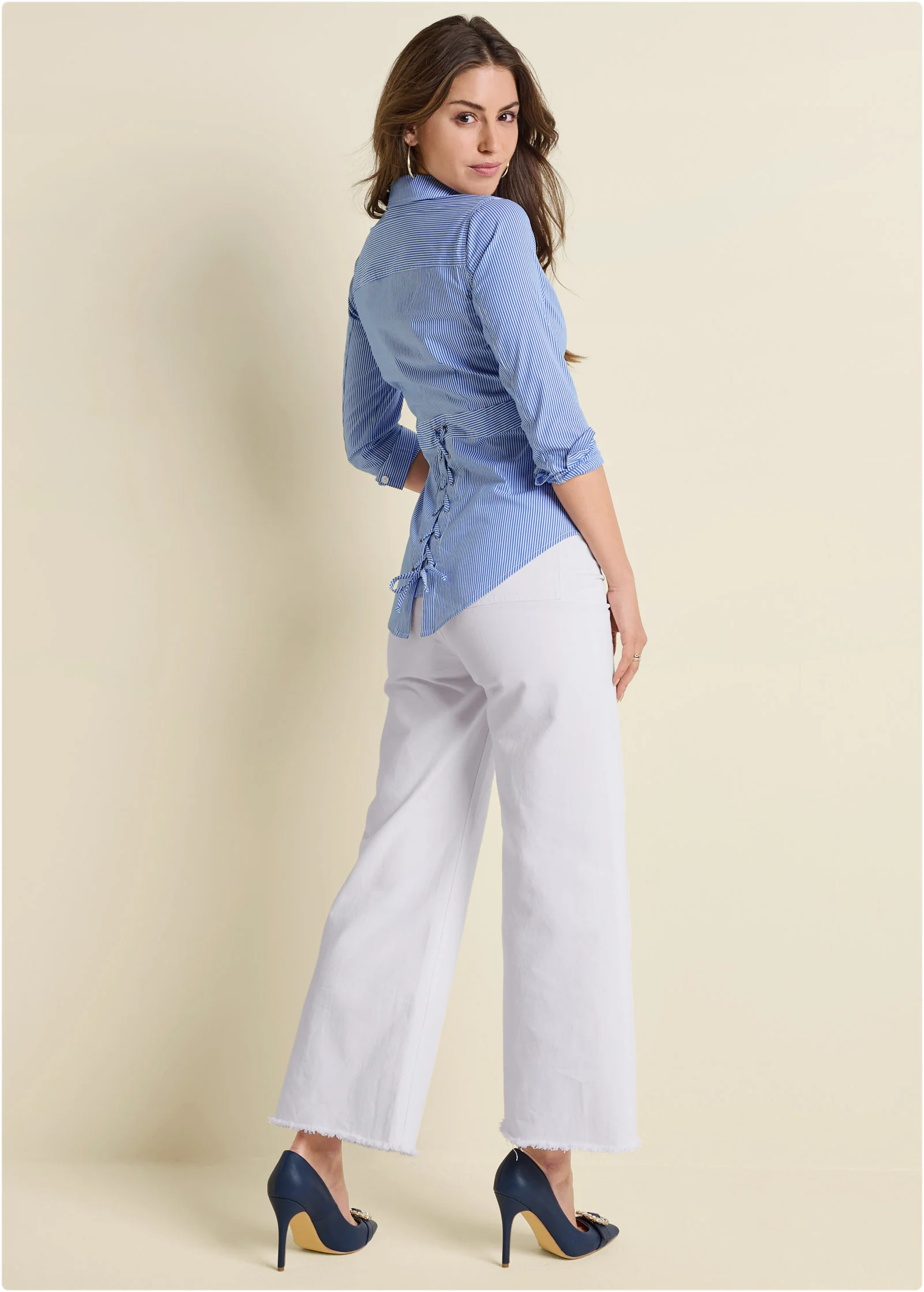 Lace-up back blouse - Blue & White