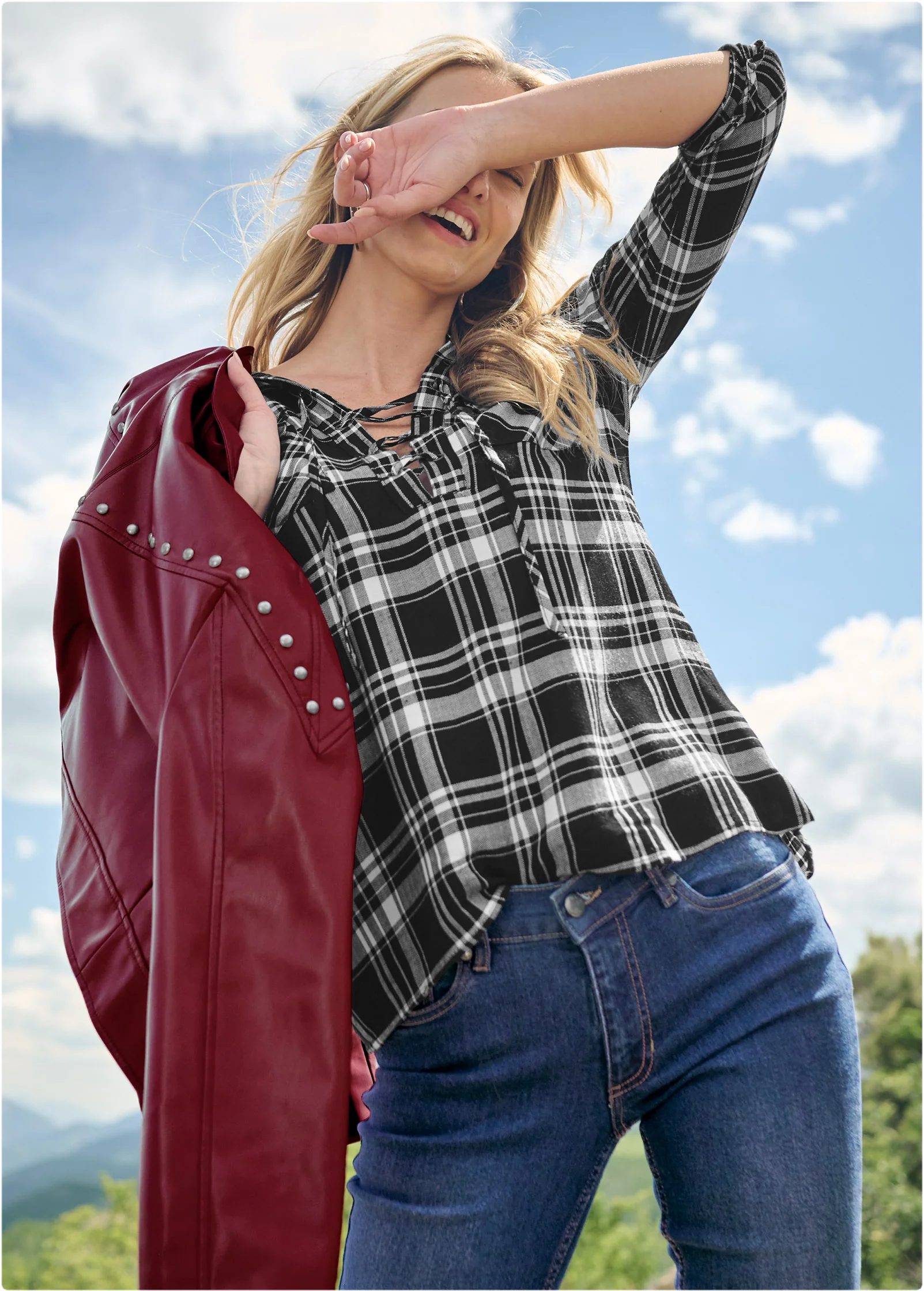 Plaid lace-up top - Black Multi