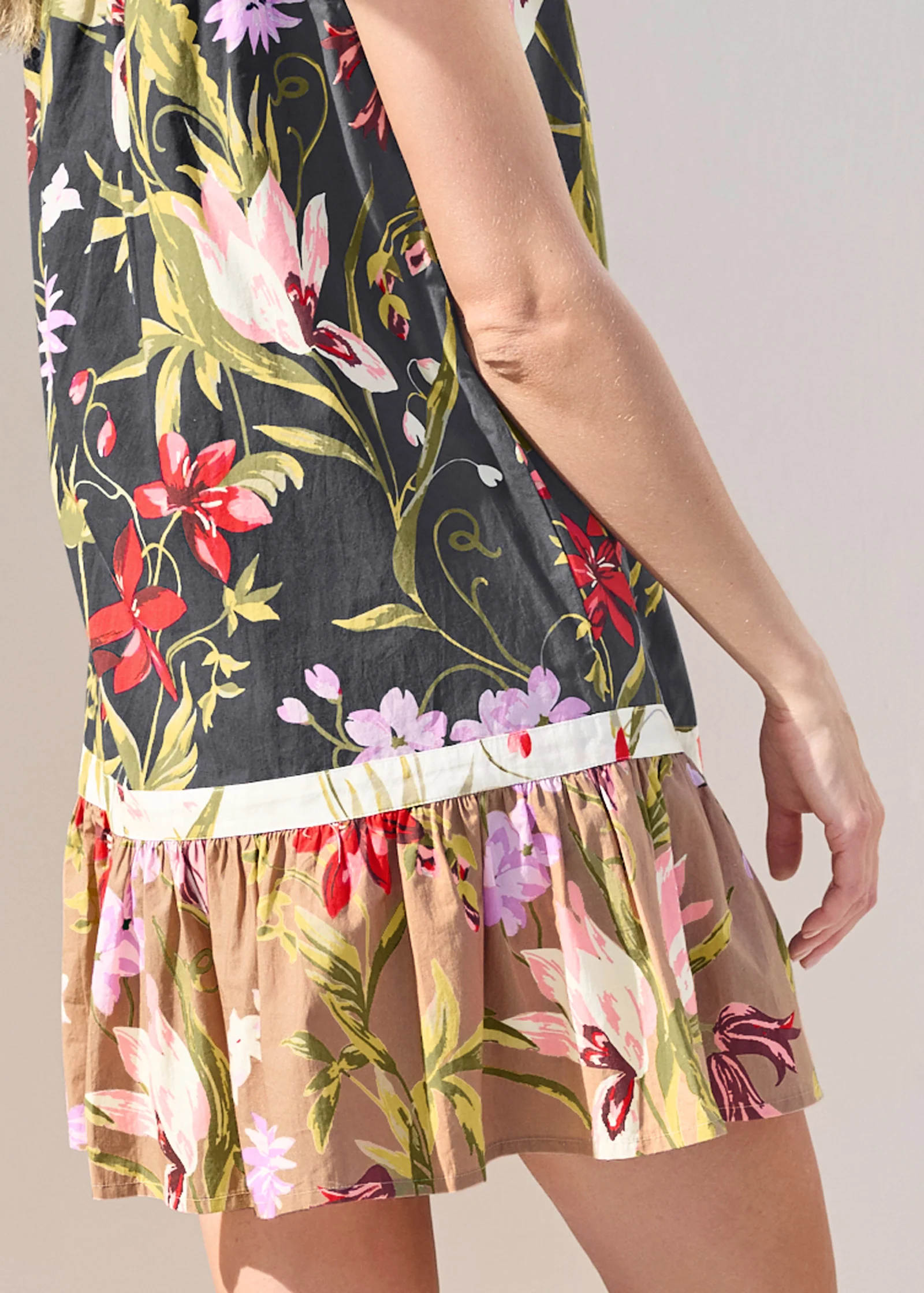 Ruffle Hem Shirt Dress - Black Multi