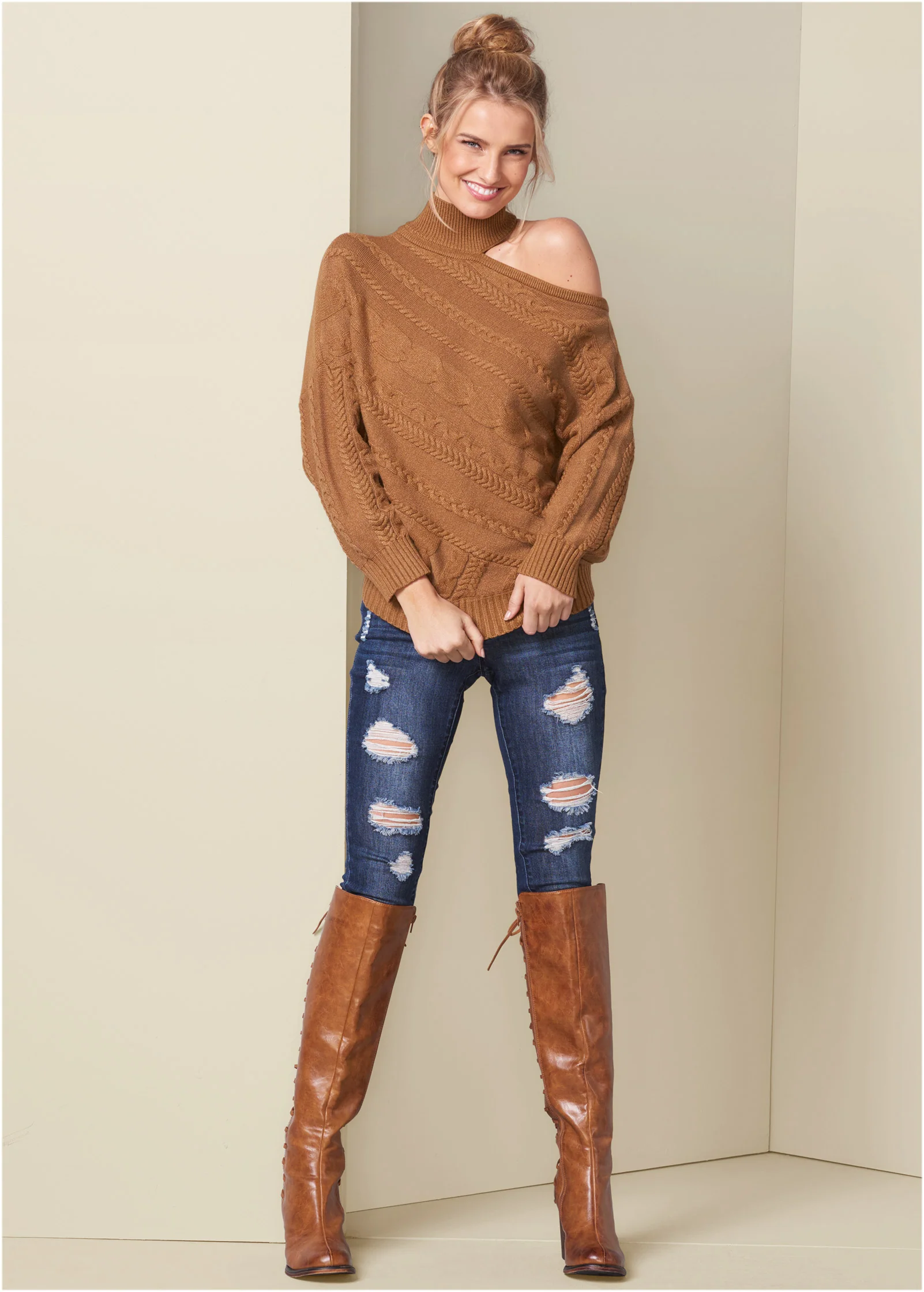One-shoulder turtleneck sweater - Brown