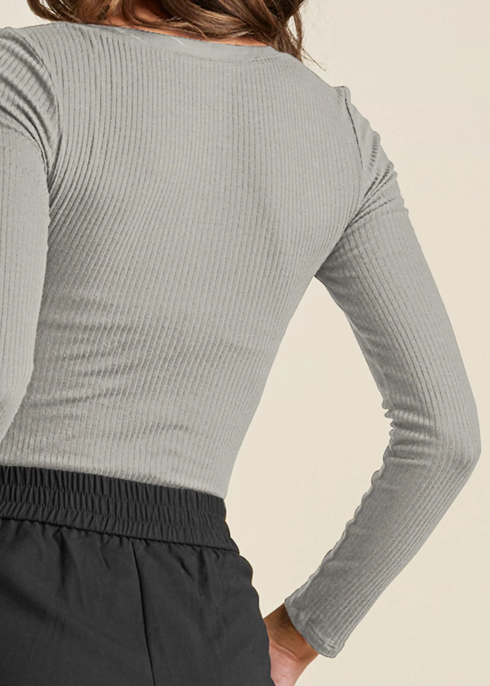 Ribbed Henley top - Heather Grey