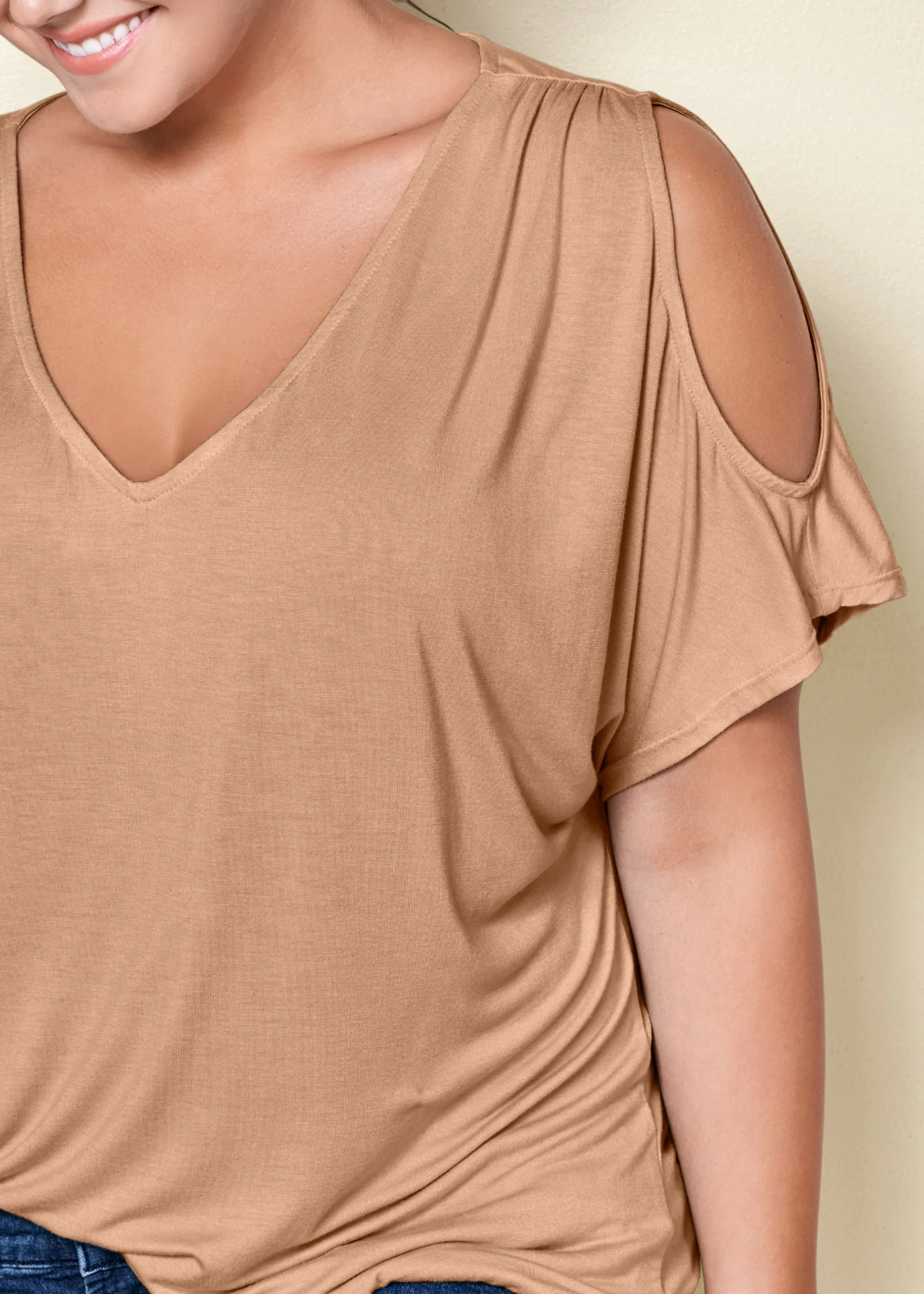 Cold-shoulder V-neck top - Tan
