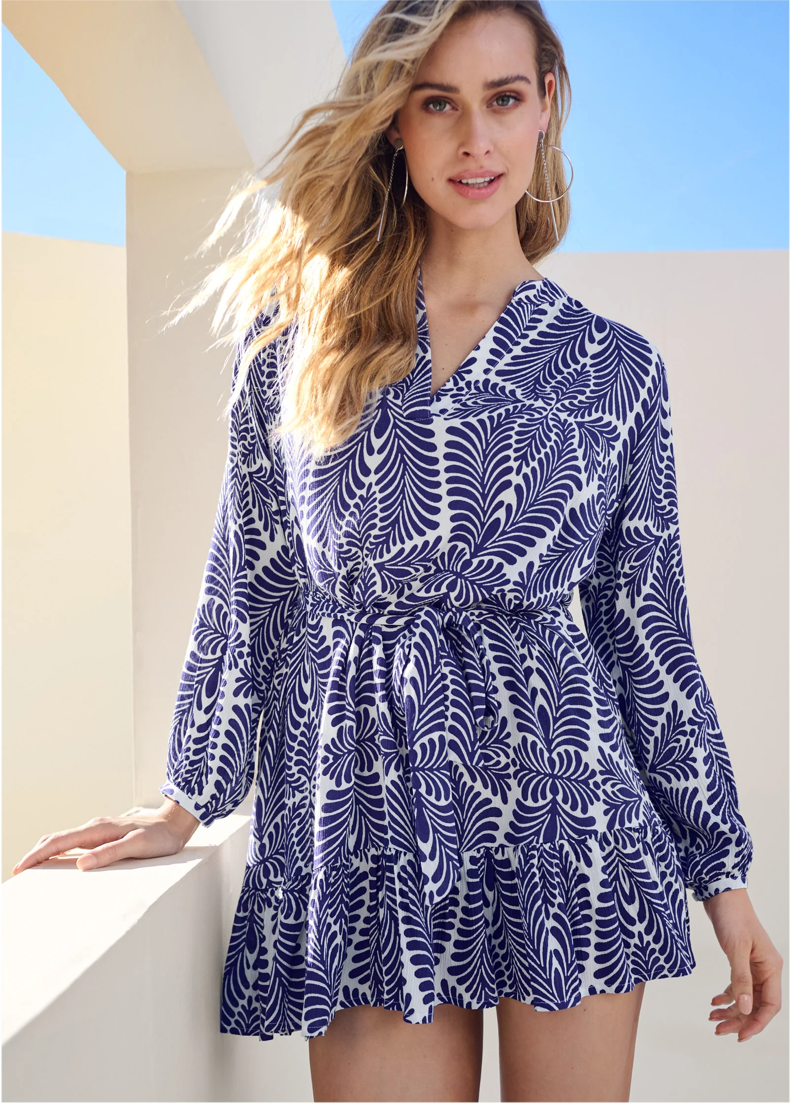 Printed ruffle mini dress - Navy Multi
