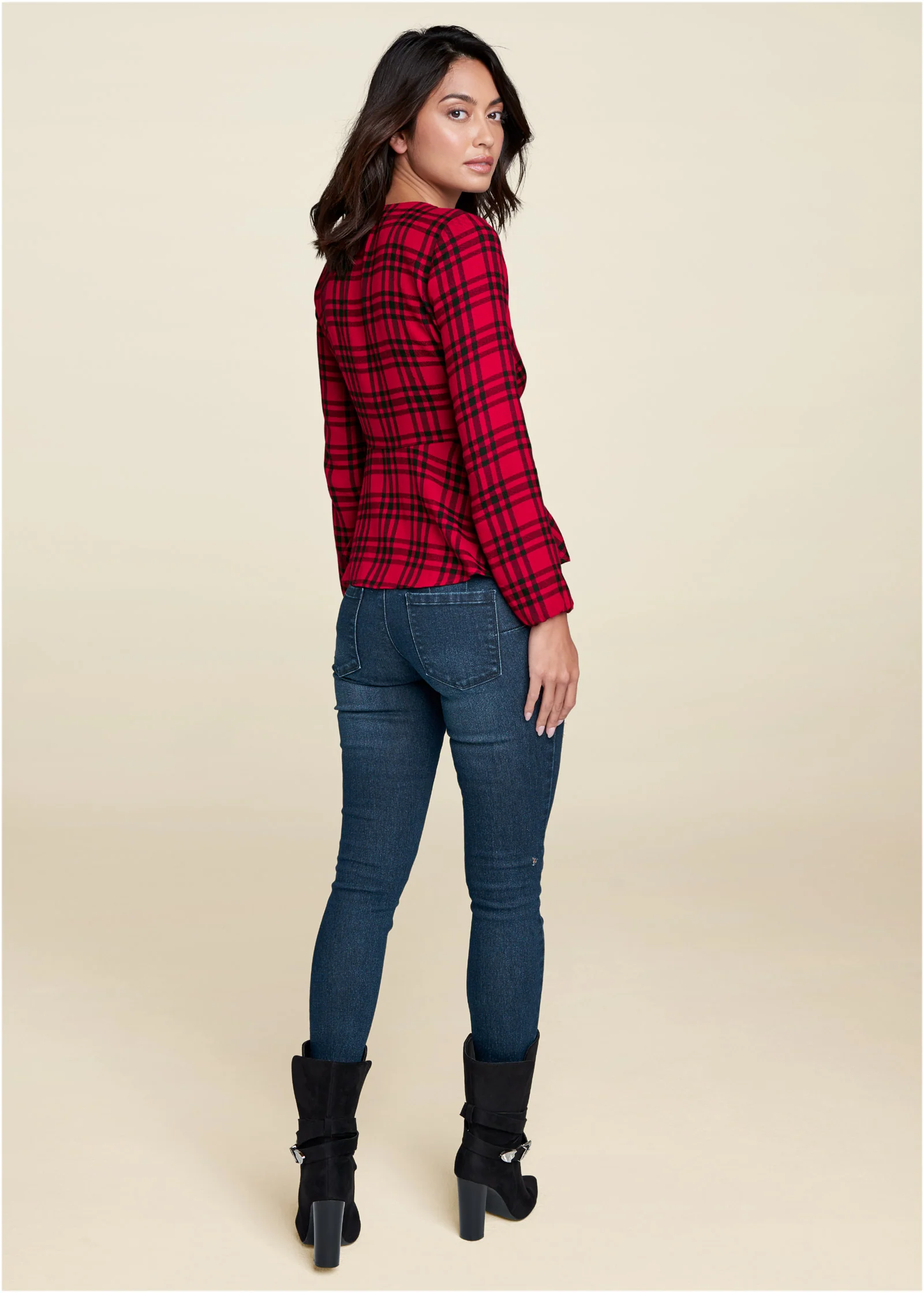Plaid ring detail top - Red Multi