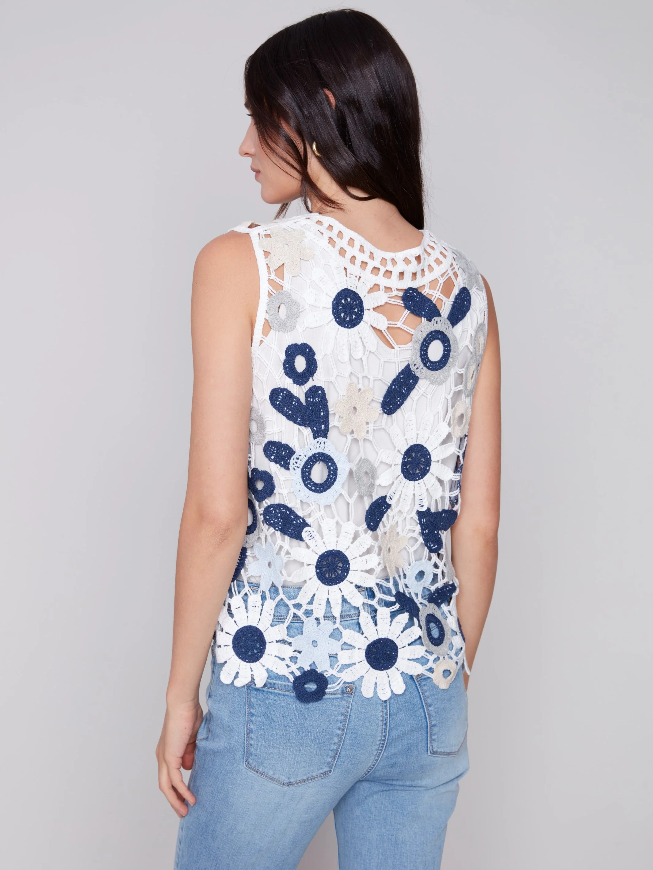 Sleeveless Crochet Top with Floral Pattern - Celadon