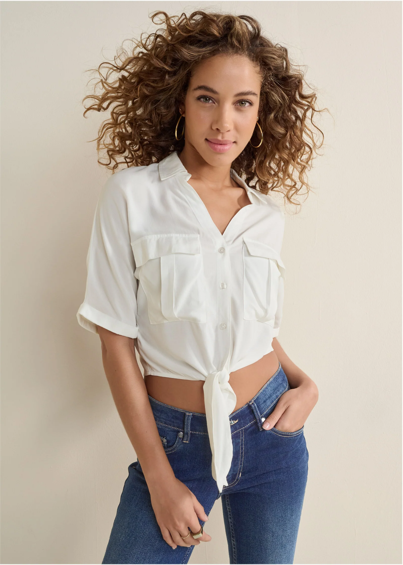 Cropped button-up top - White
