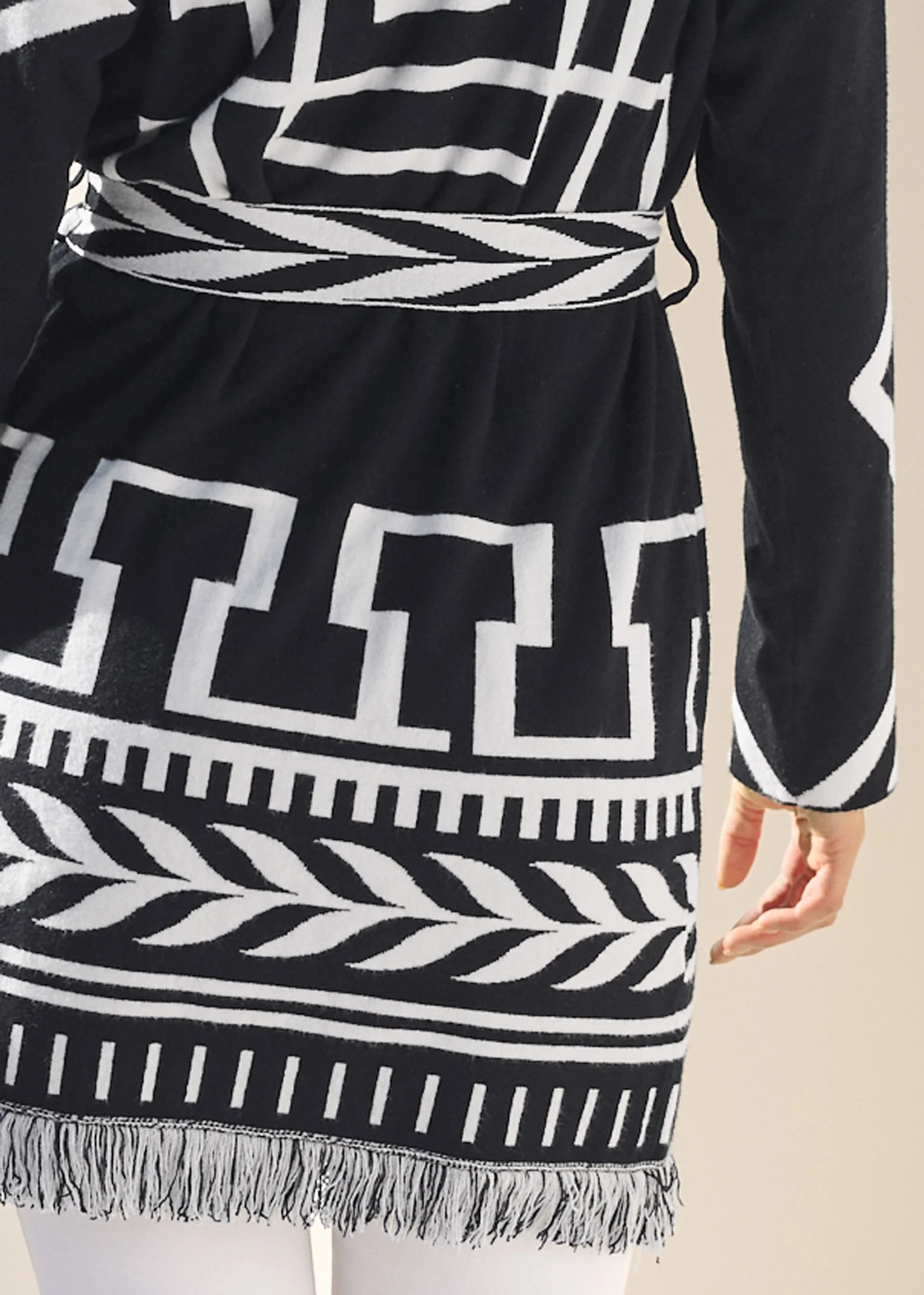 Fringe belted cardigan  - Black & White