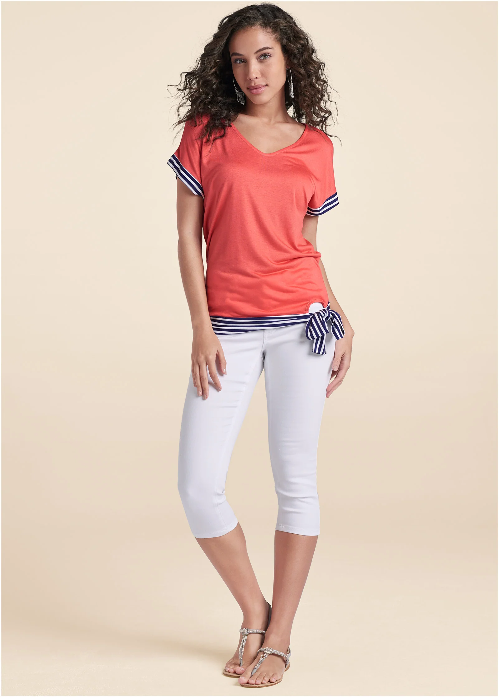 Tie detail printed top - Coral & Navy Blue