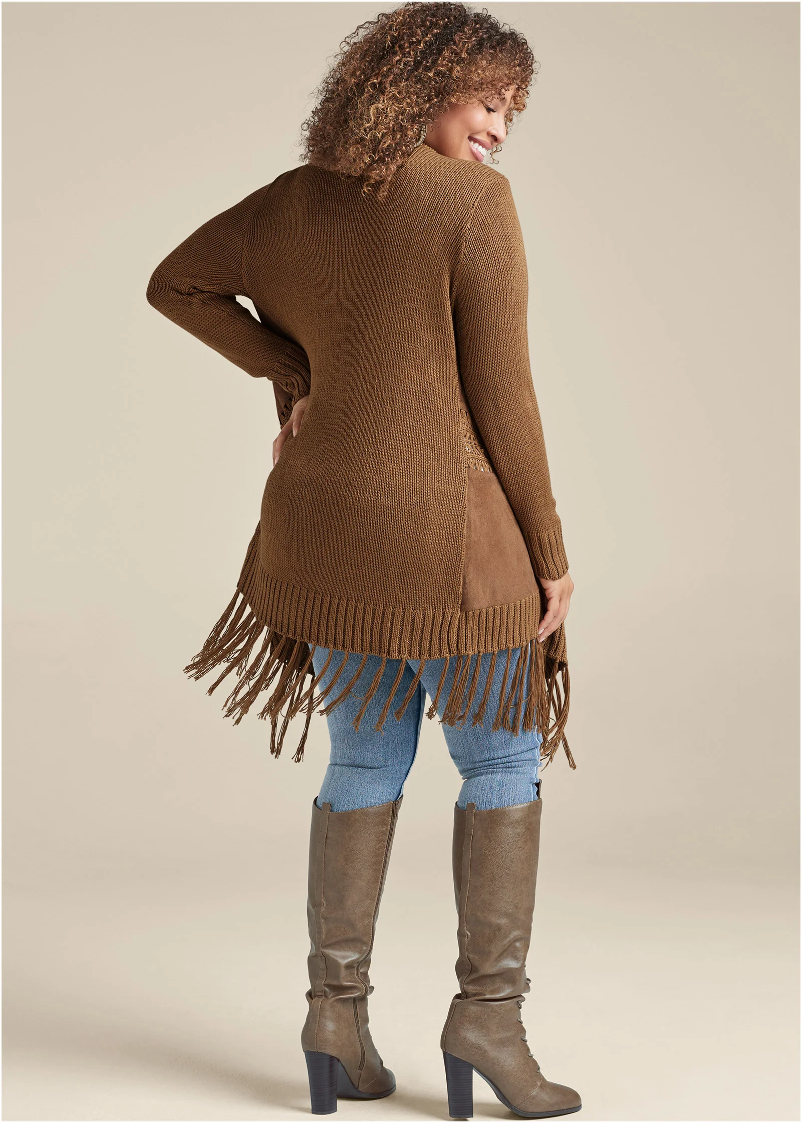 Faux-suede fringe cardigan - Brown