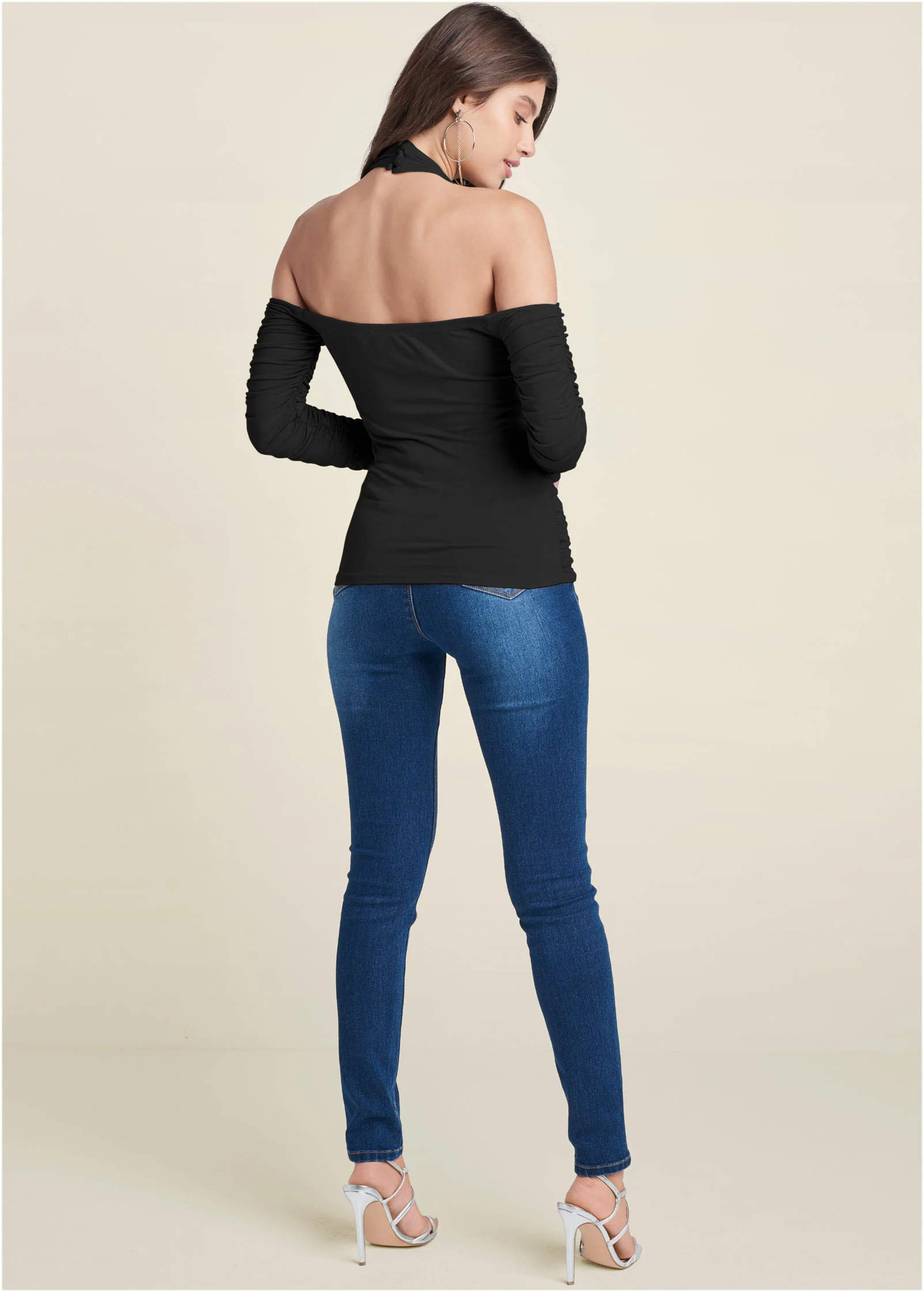 Zip-up ruched V-neck top - Black