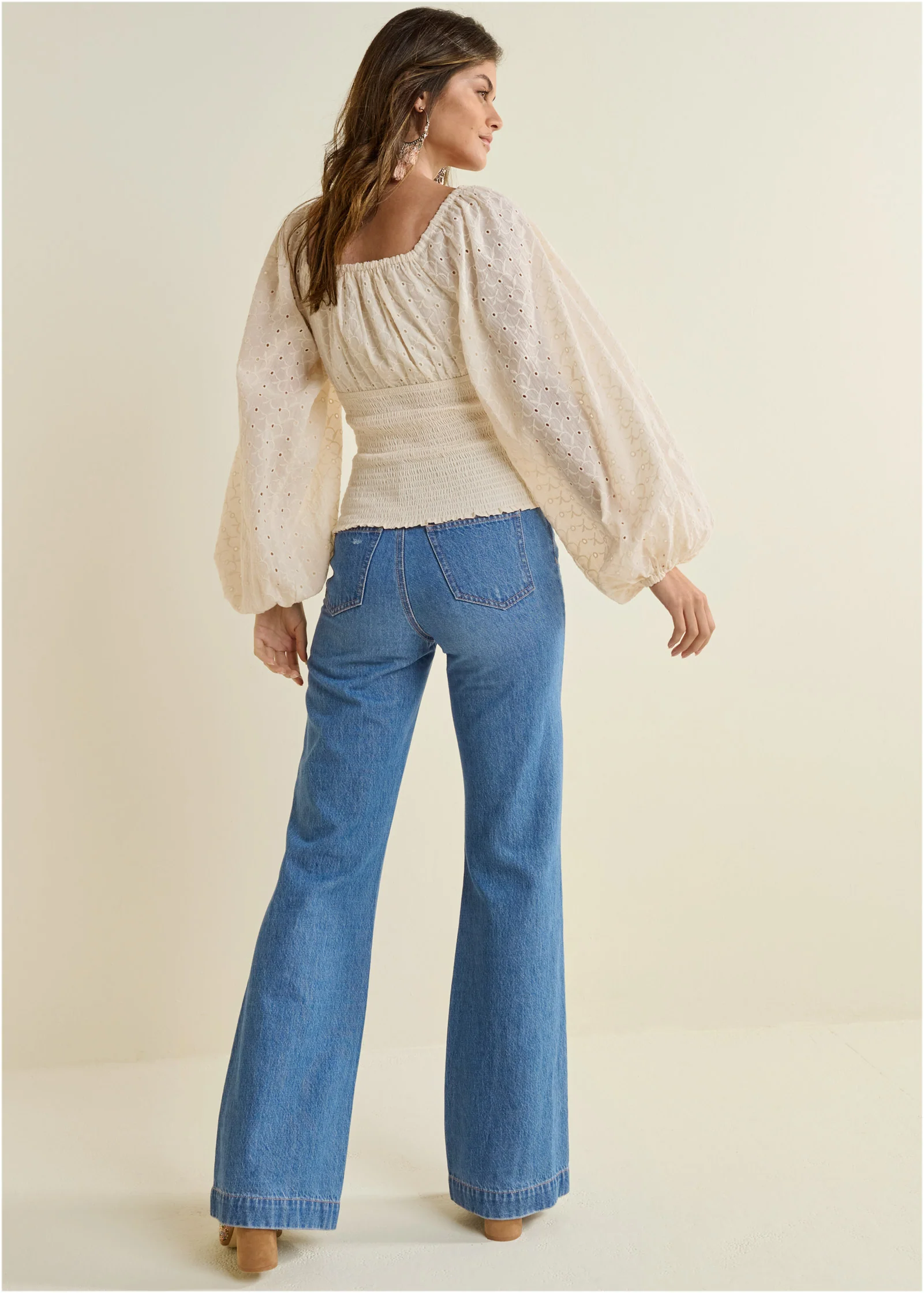 Smocked eyelet tassel top - Beige