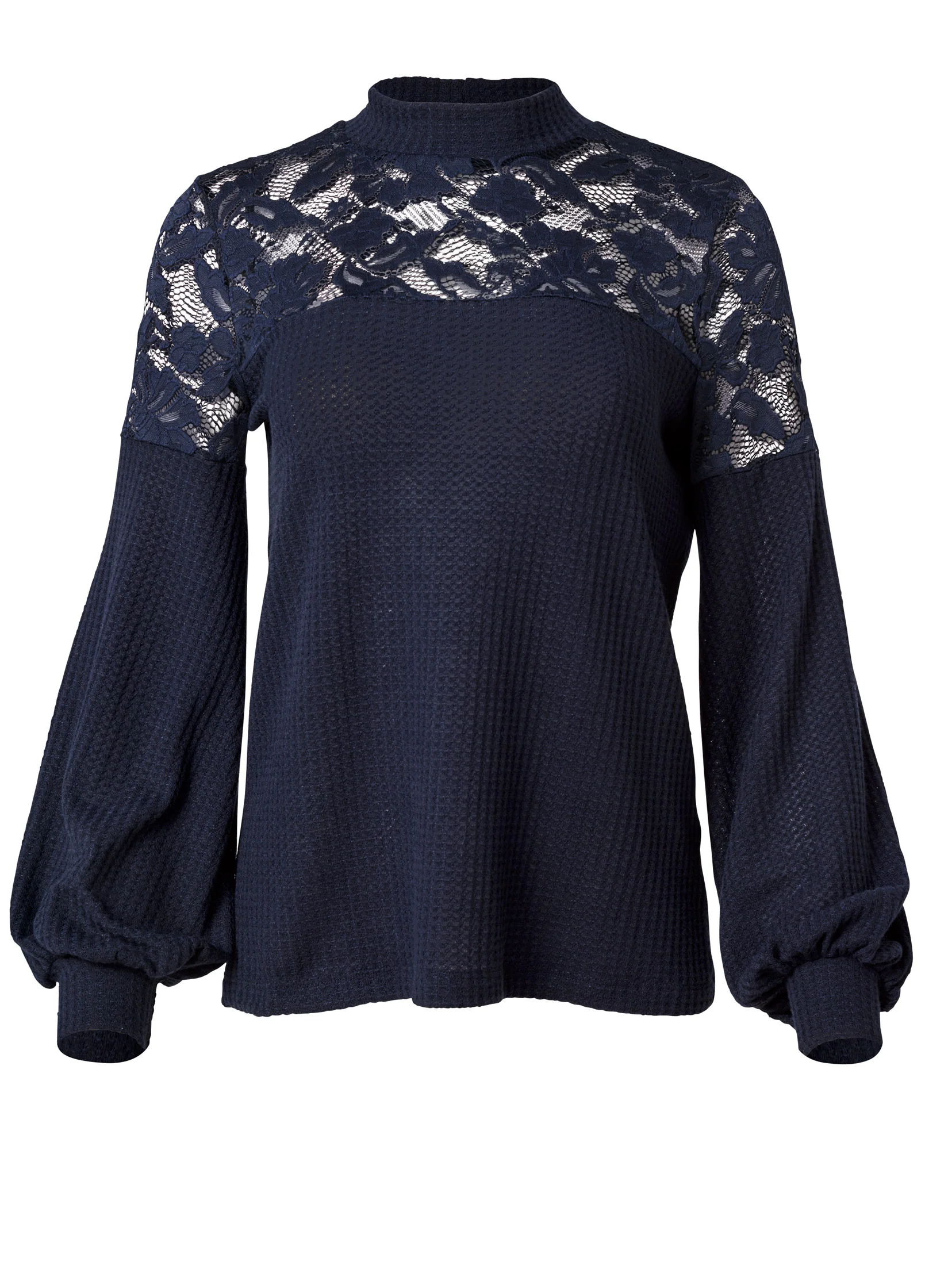 Waffle mock-neck lace top - Navy