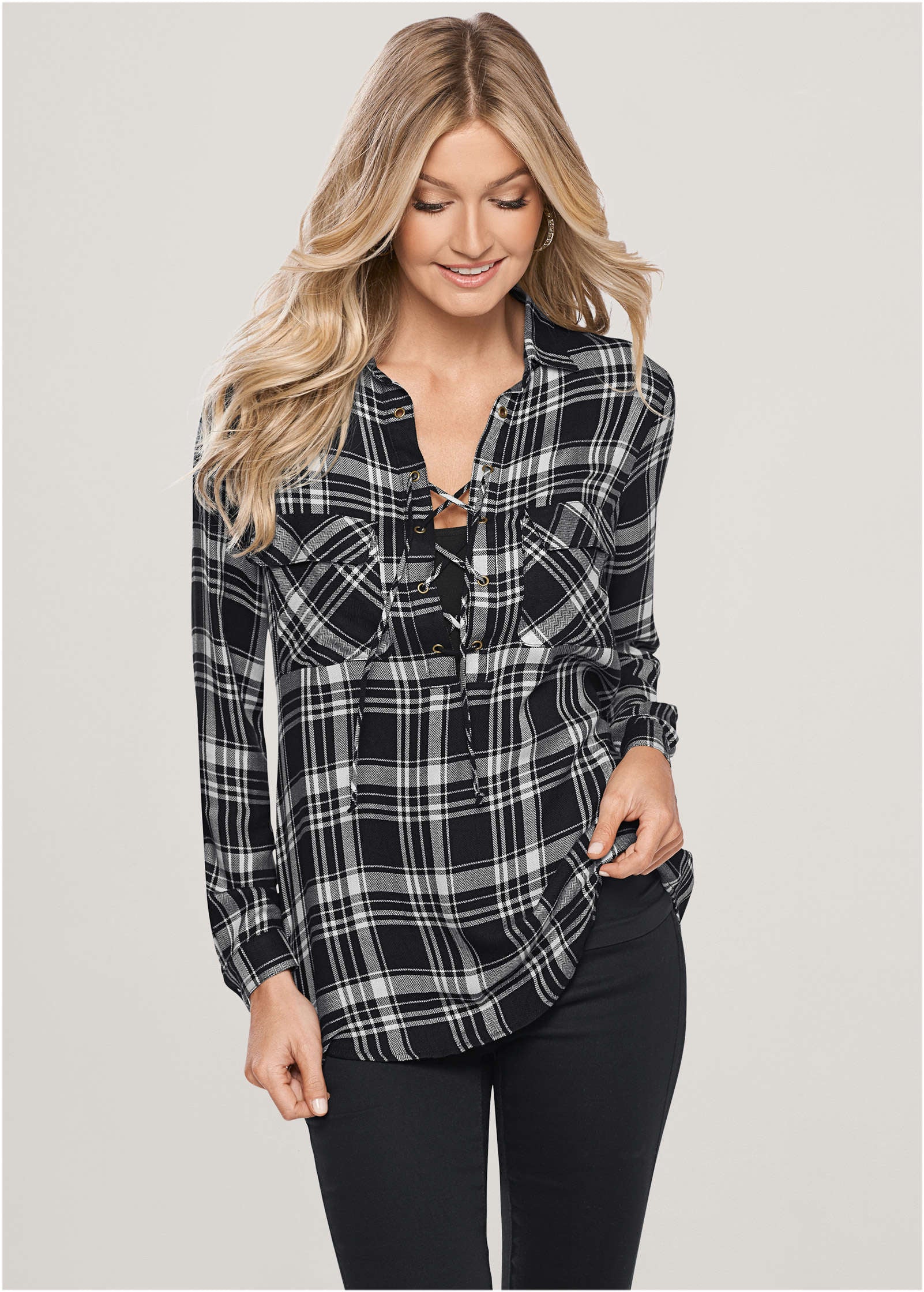 Plaid lace-up top - Black Multi