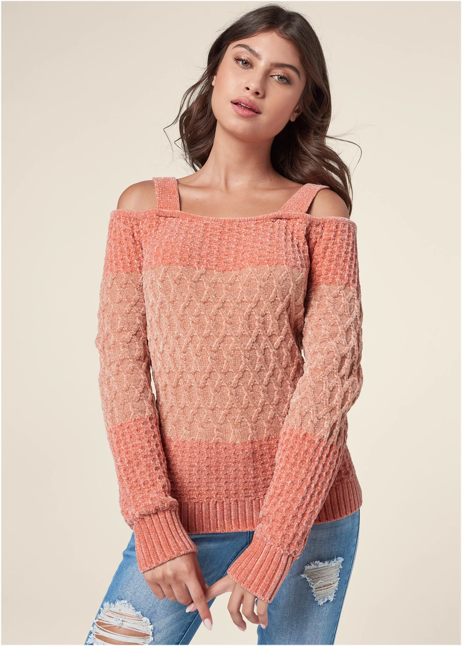 Chenille cold shoulder sweater - Pink Multi
