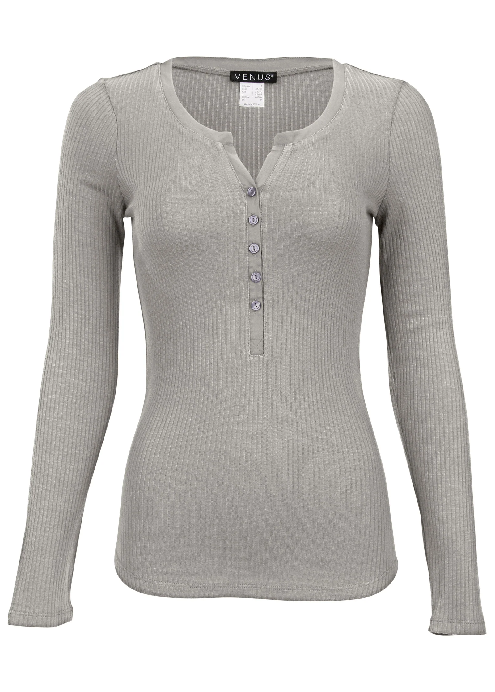 Ribbed Henley top - Heather Grey