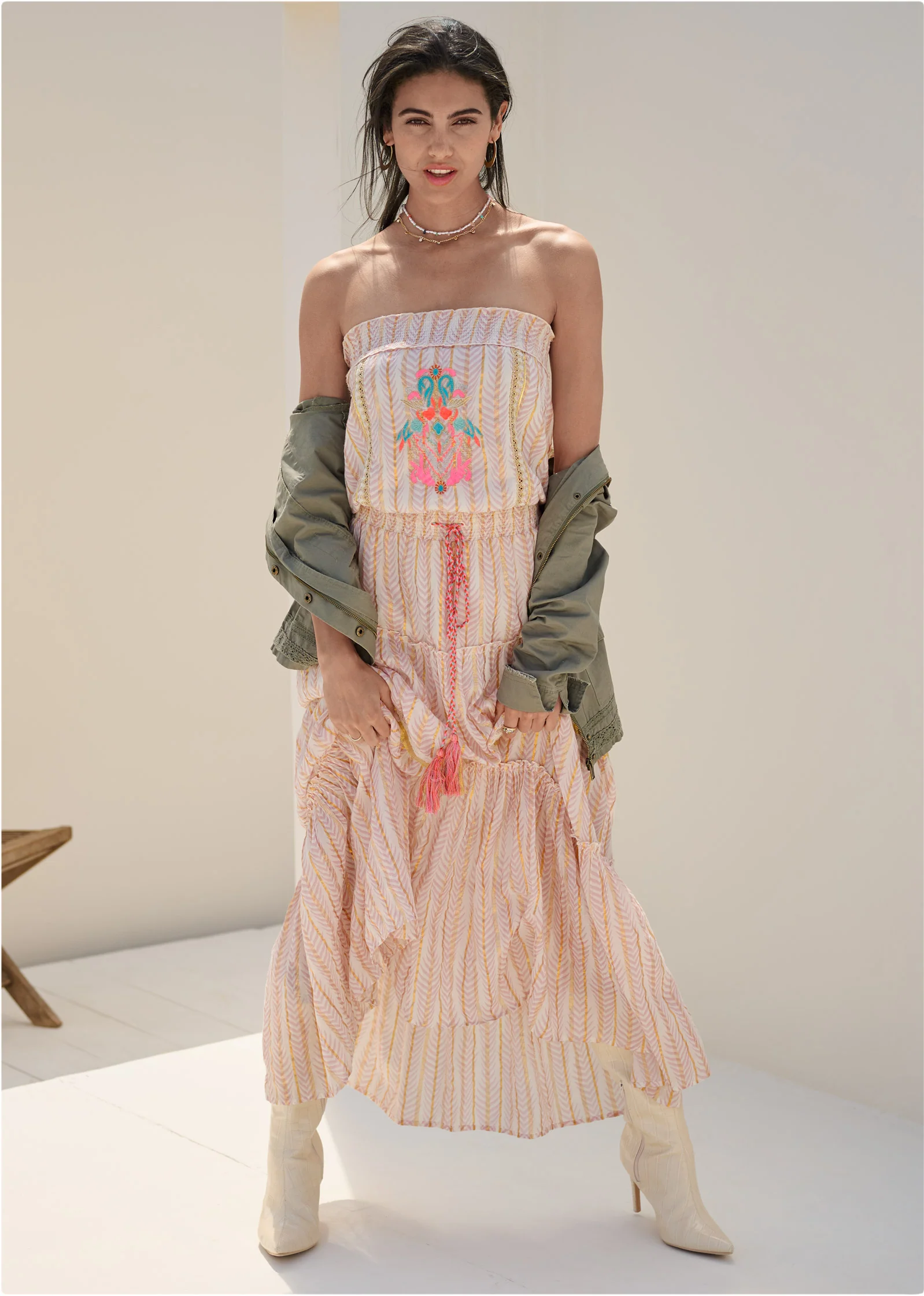 Strapless embroidered maxi dress - Pink Multi