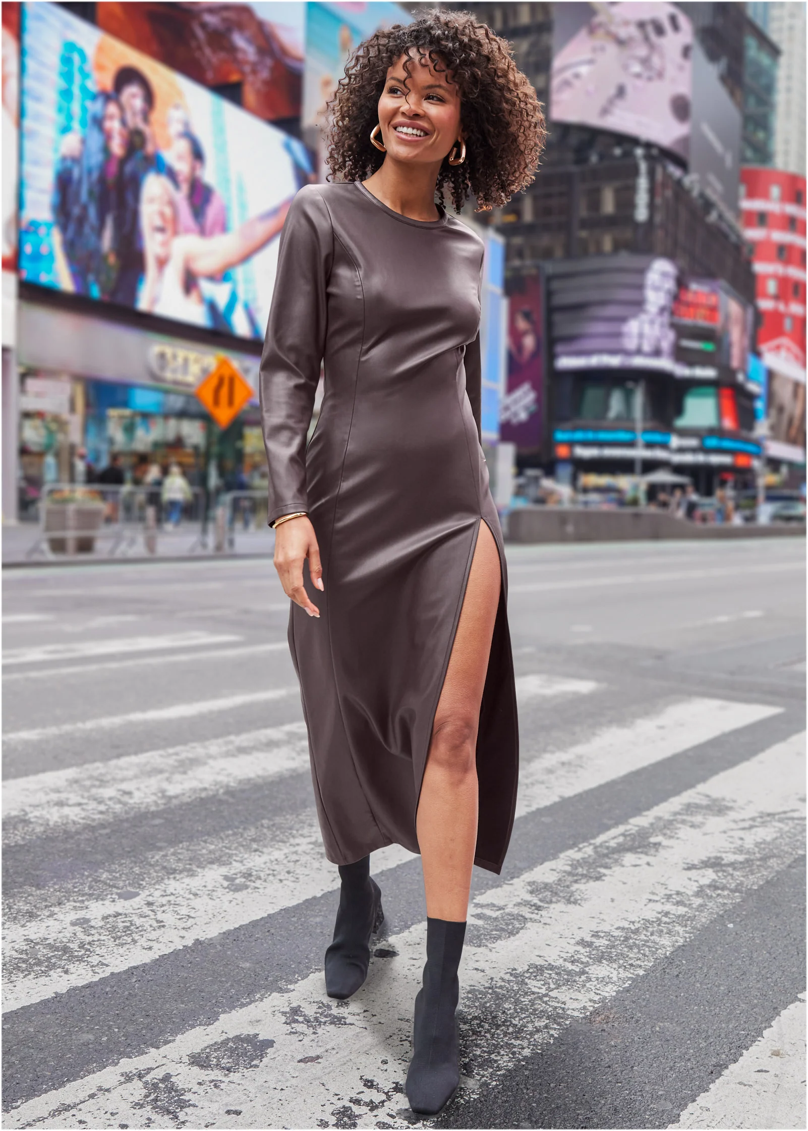 Faux leather column dress - Dark Brown