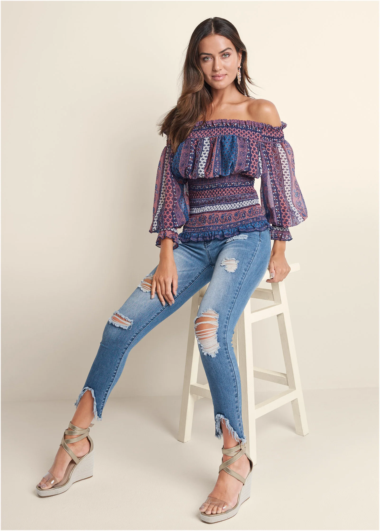 Printed smocked top - Pink Multi