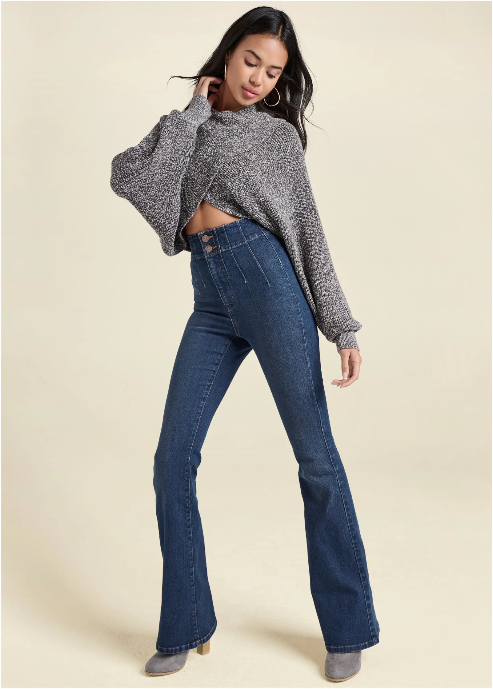 Crisscross Drop Shoulder Sweater  - Dark Grey Multi