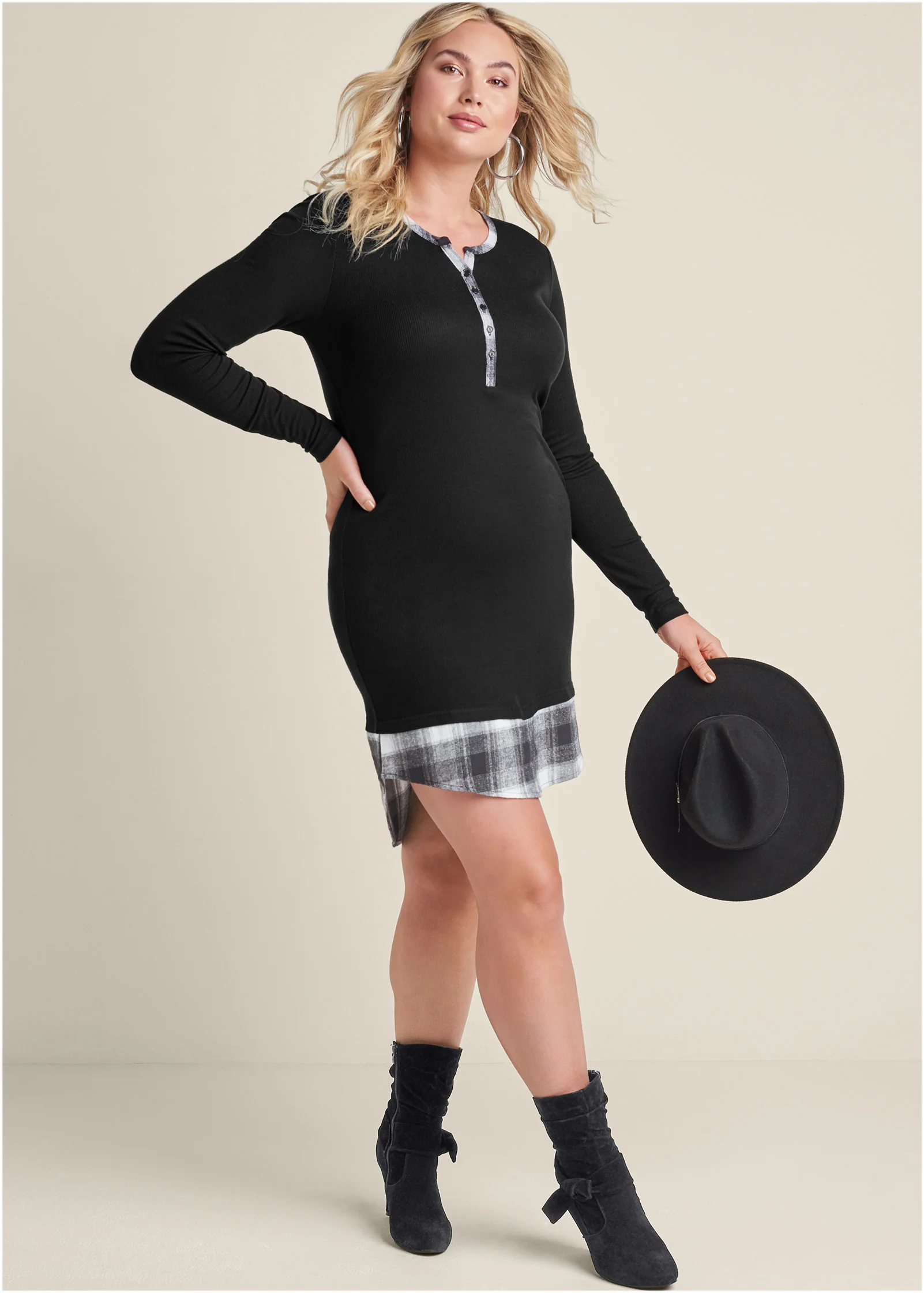 Plaid detail casual dress - Black Multi