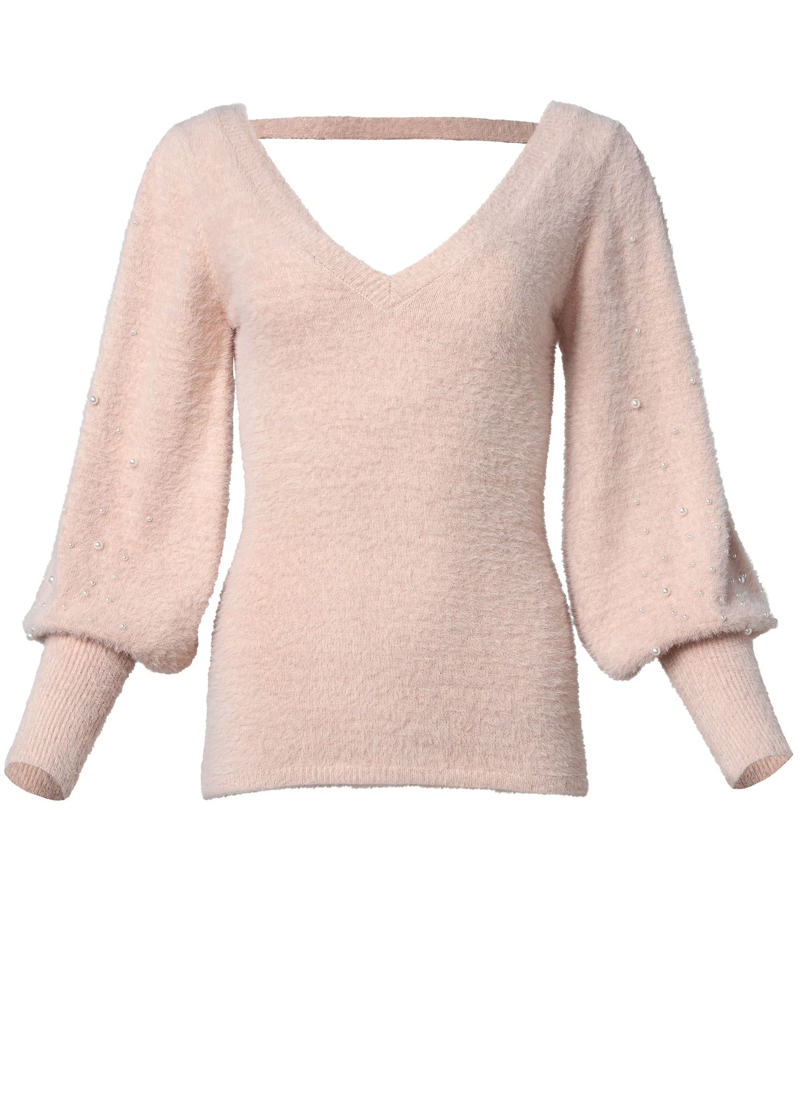 Cozy bubble sleeve sweaters with pearls - Blush