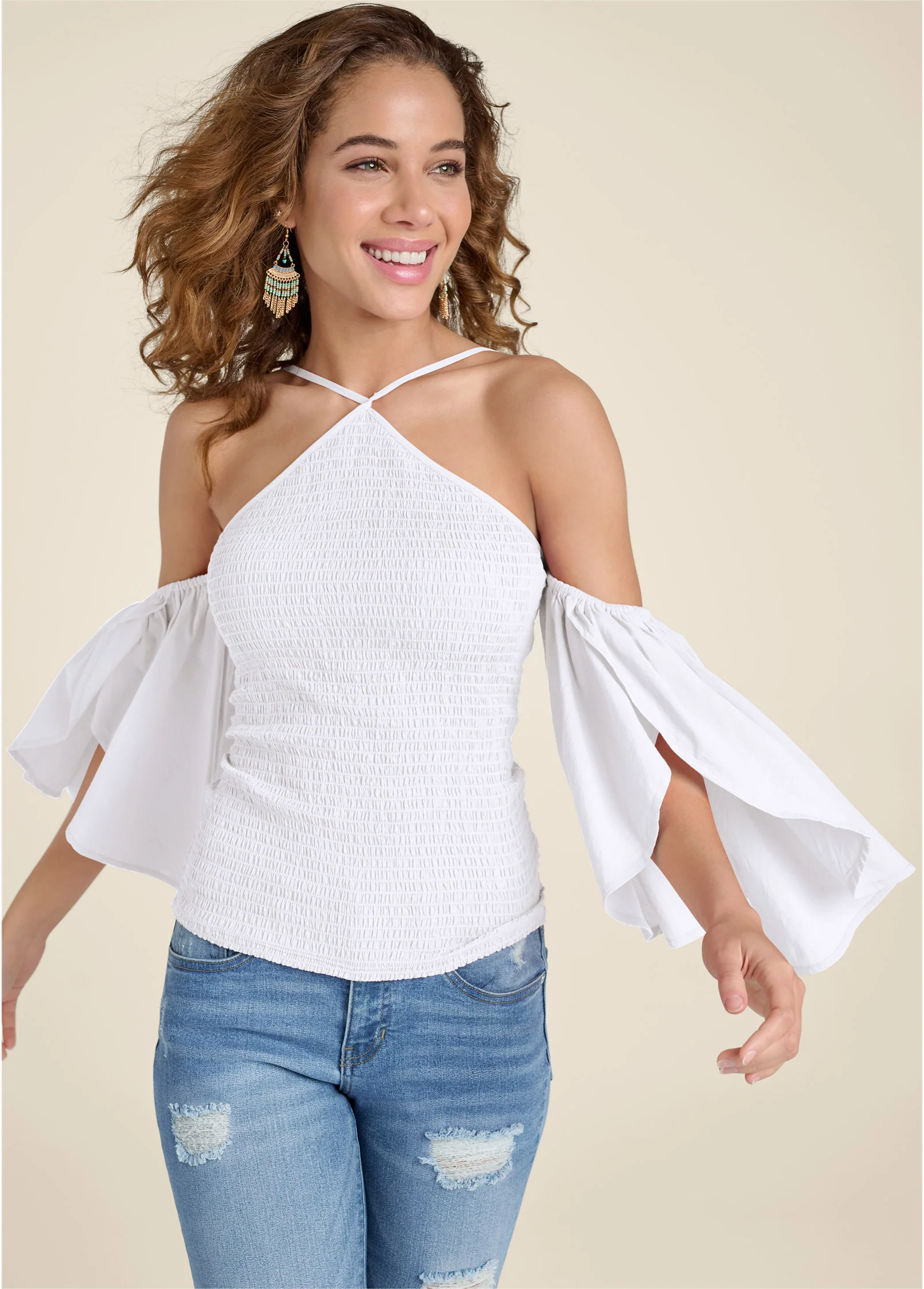 Smocked fitted top - White