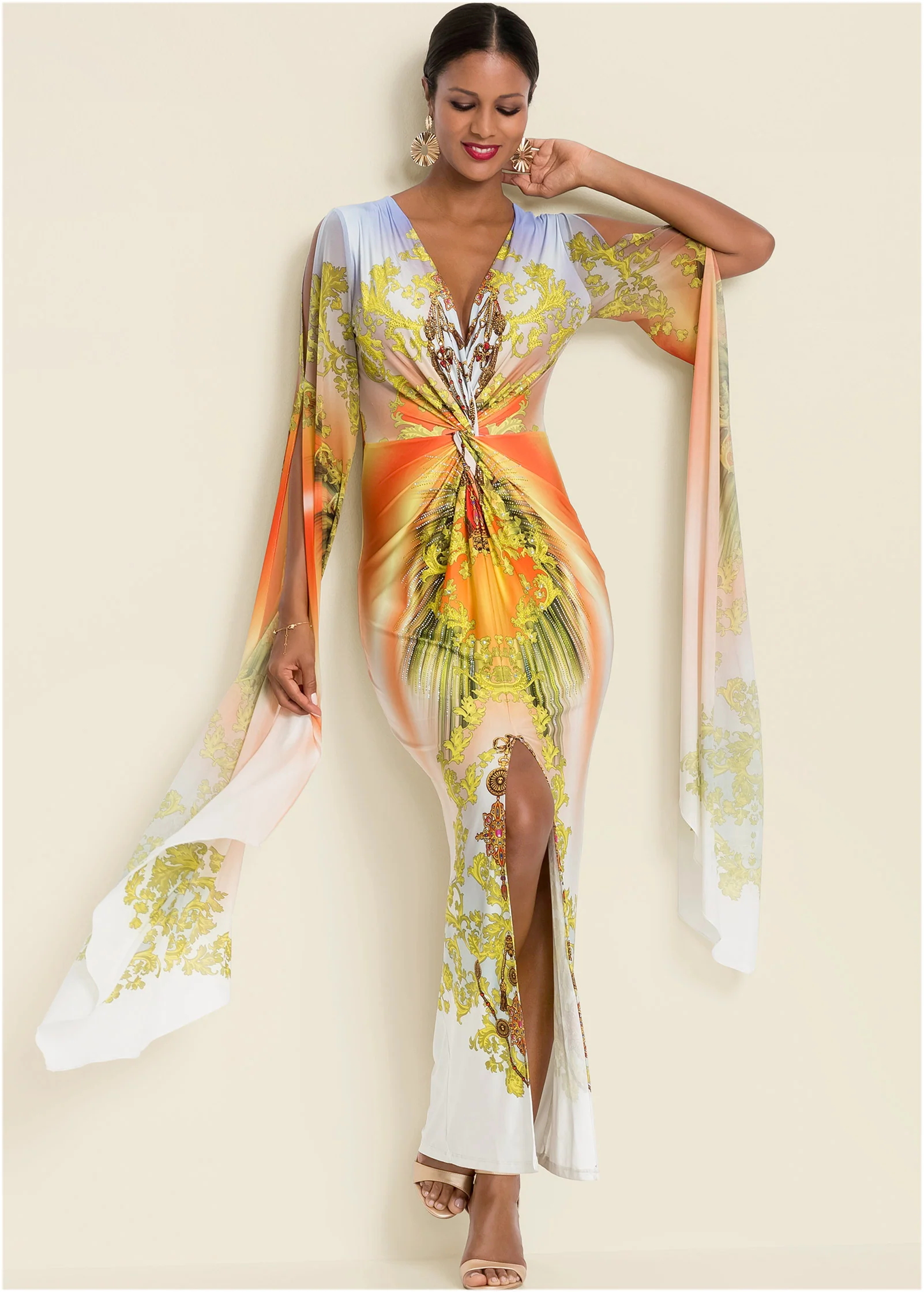 Exaggerated sleeve dress - Yellow Multi