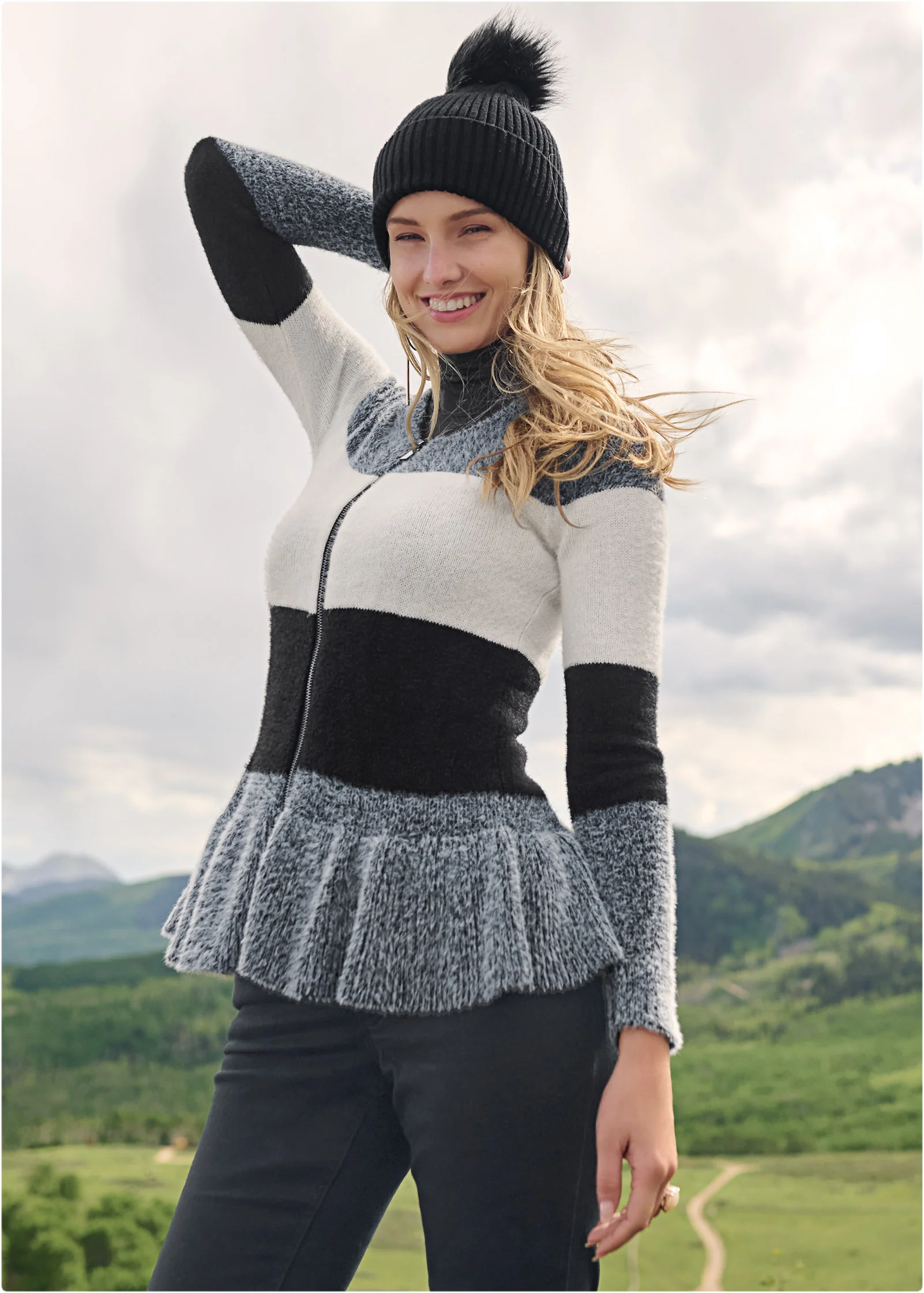 Zip front cozy peplum cardigan - Black Multi