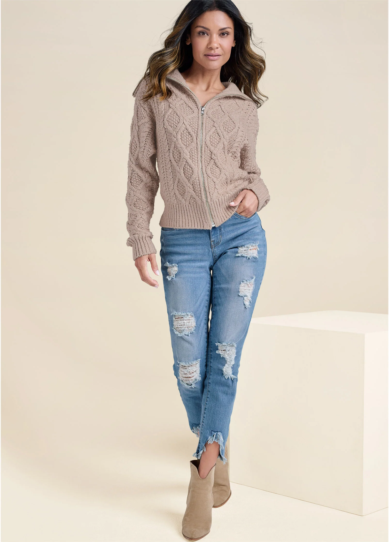 Knit zip sweater - Taupe