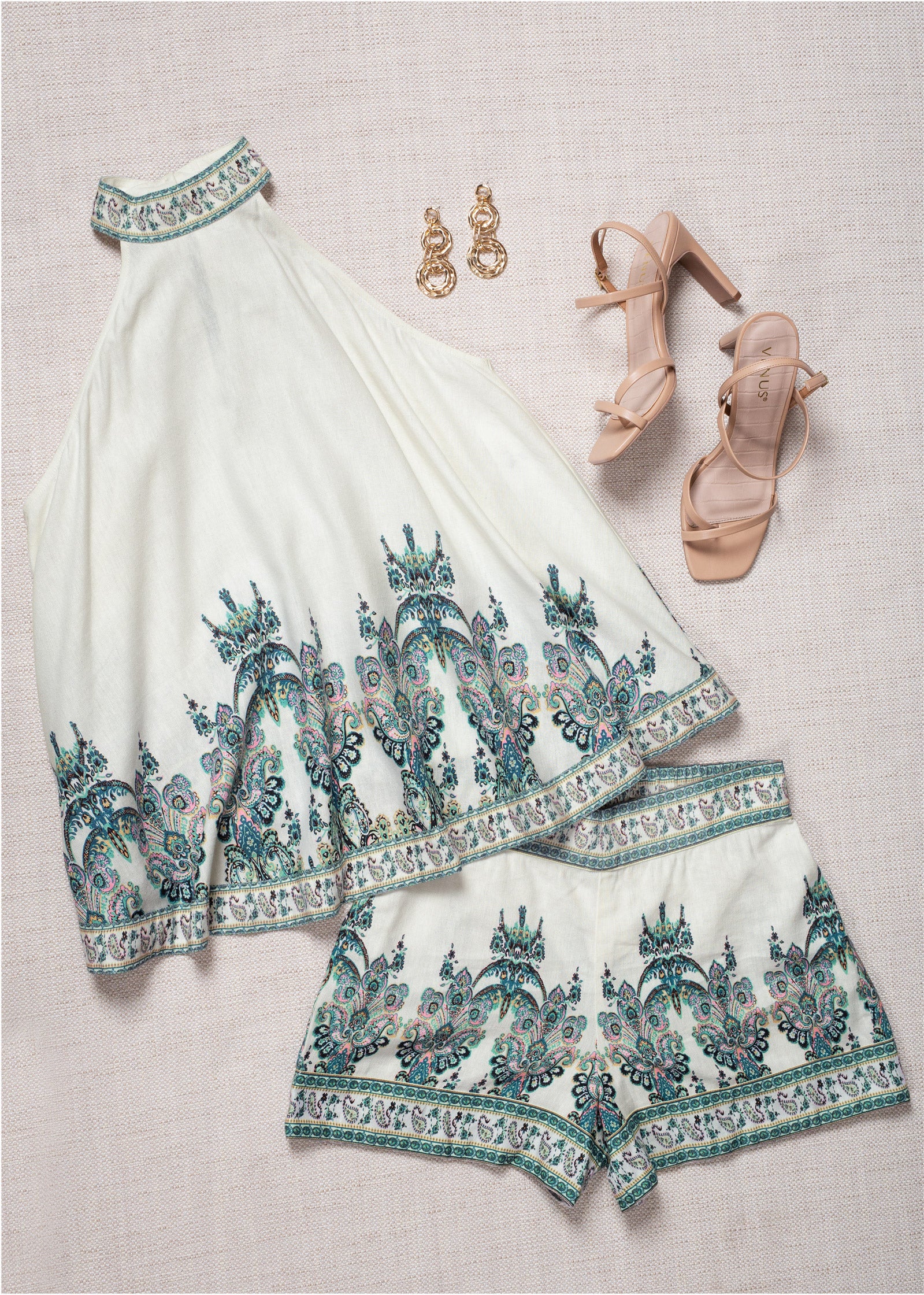 Linen paisley mock-neck top - White Multi