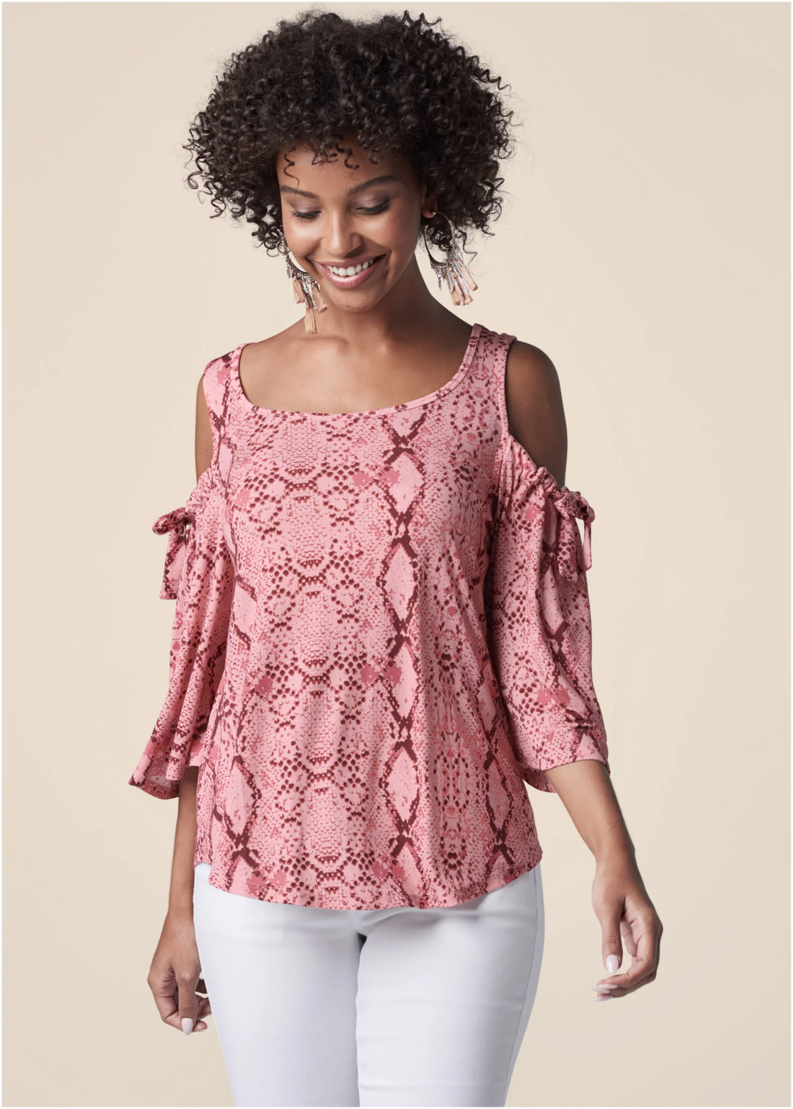 Paradise python cold-shoulder top - Pink Multi