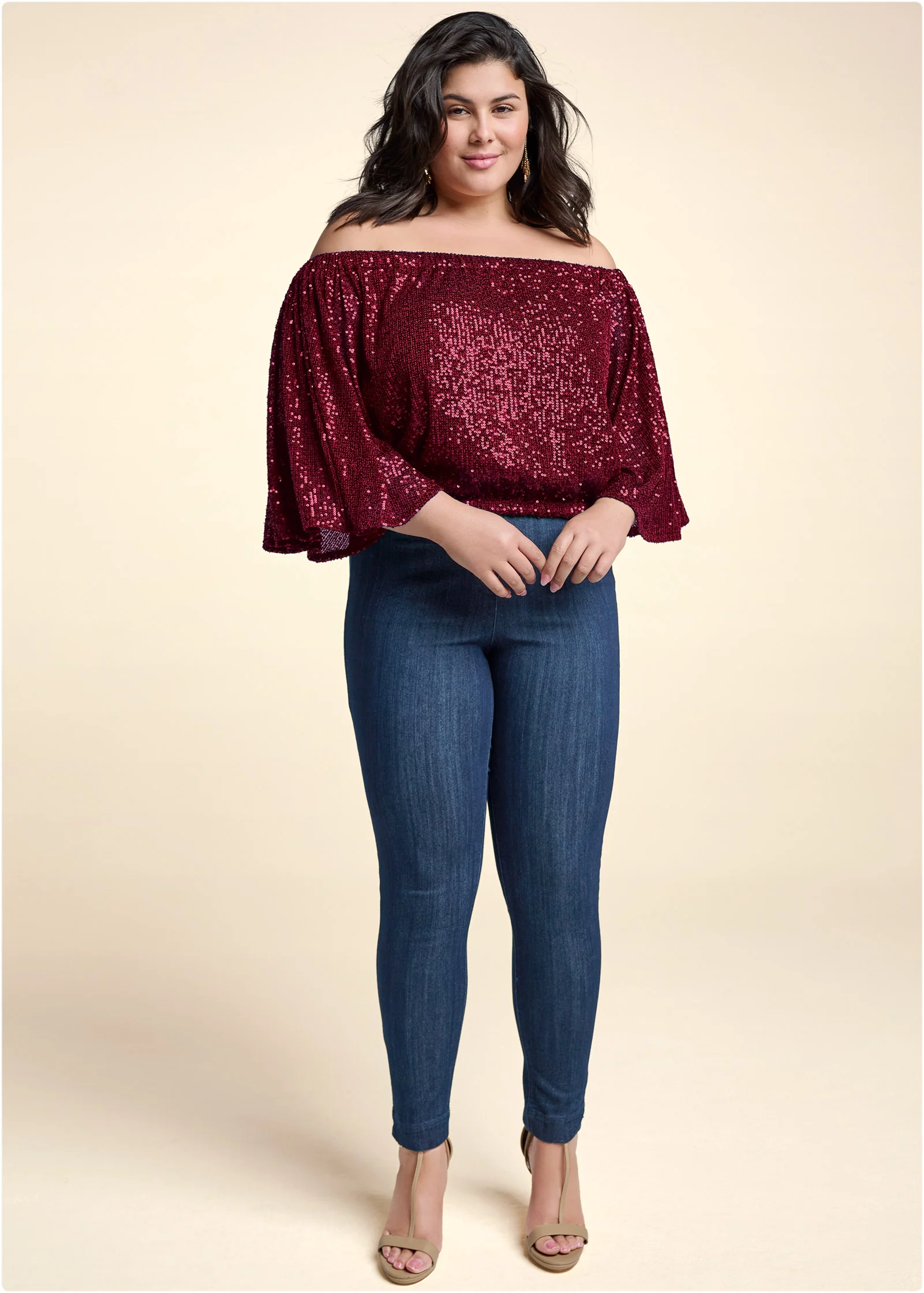 Off-the-shoulder sequin top - Wine