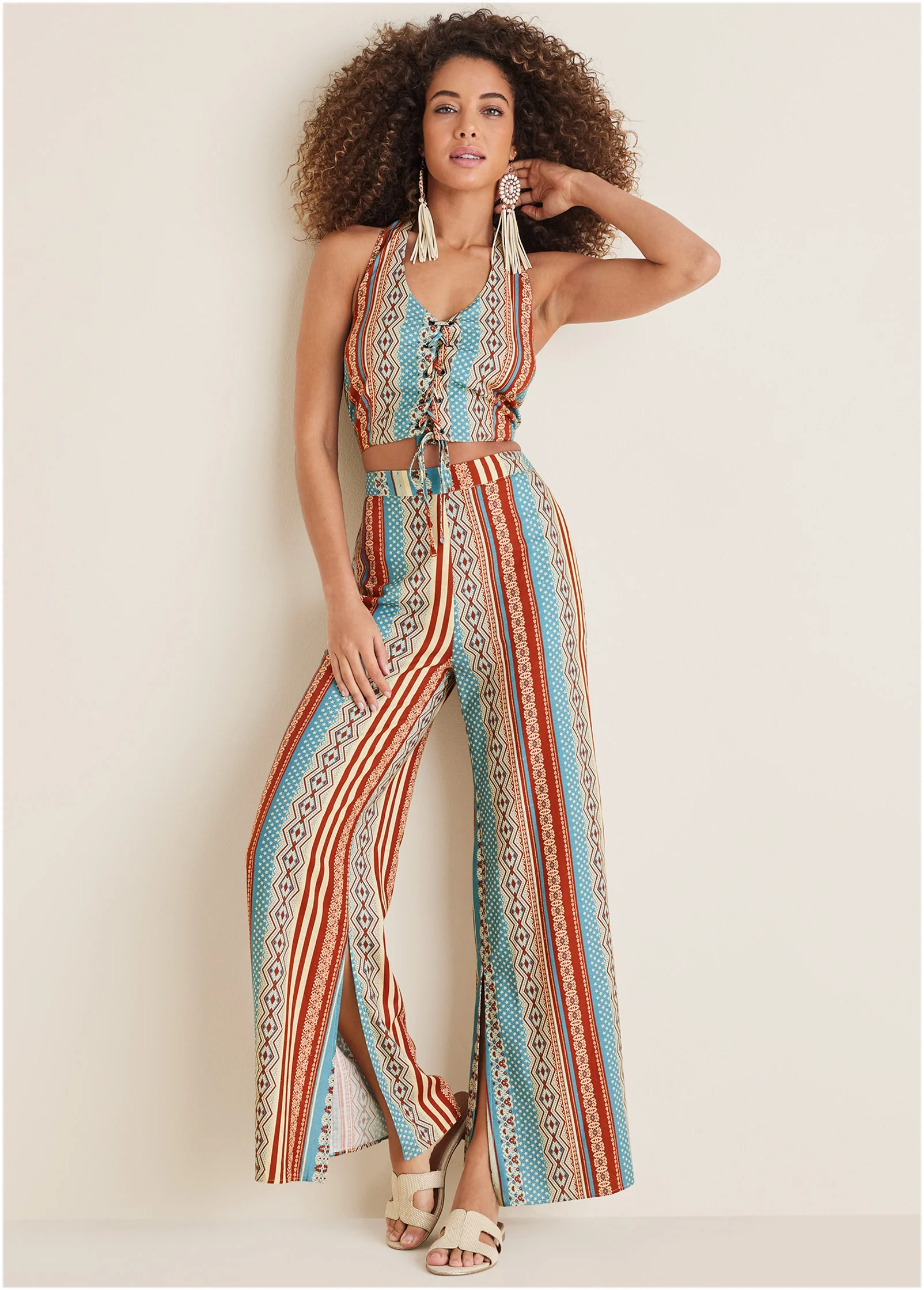 Linen halter lace-up top - Summer Americana Stripe